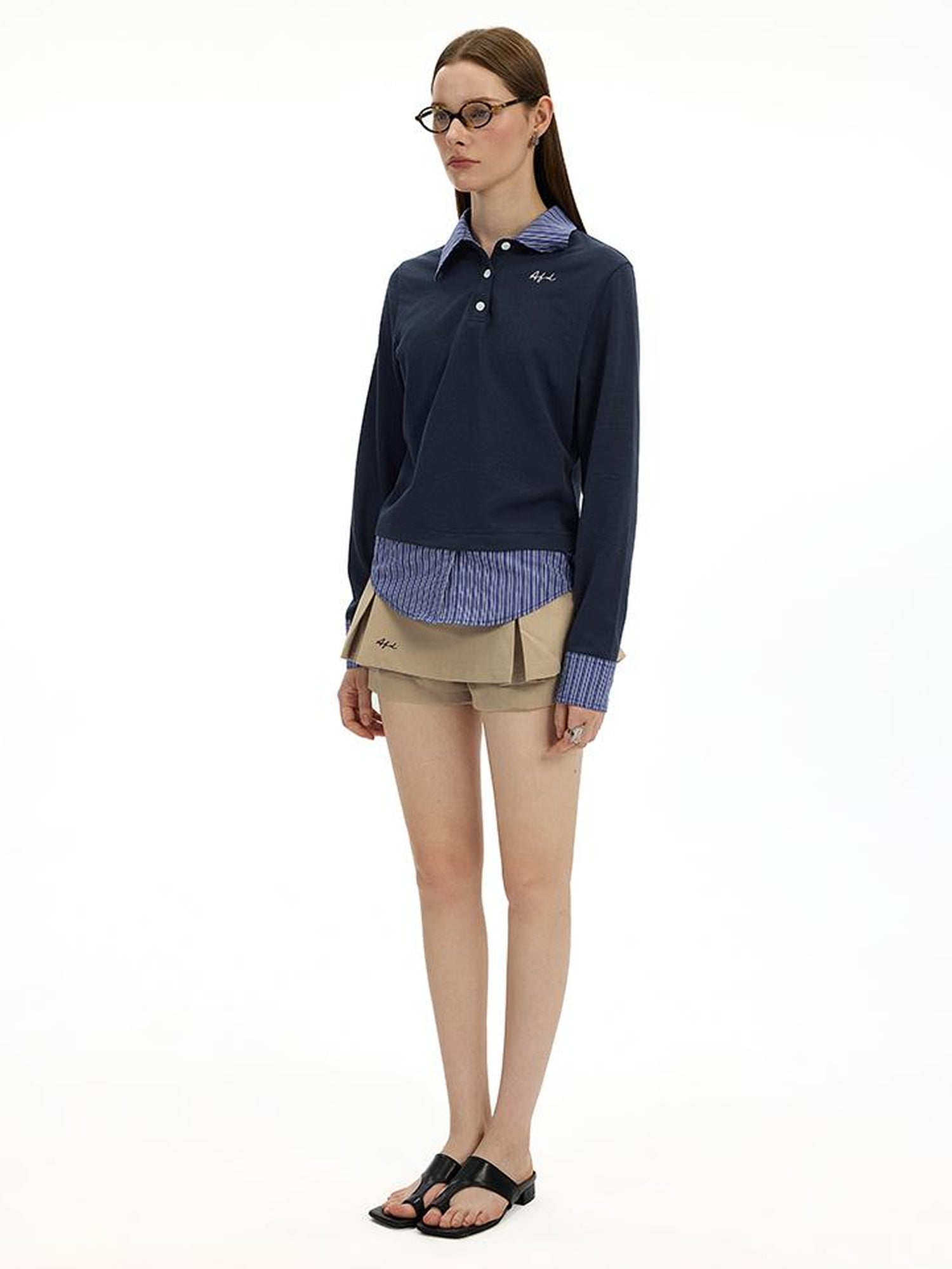 AFTADAWN Striped Layered Shirt Polo Collar Top With Pleated Skirt Set