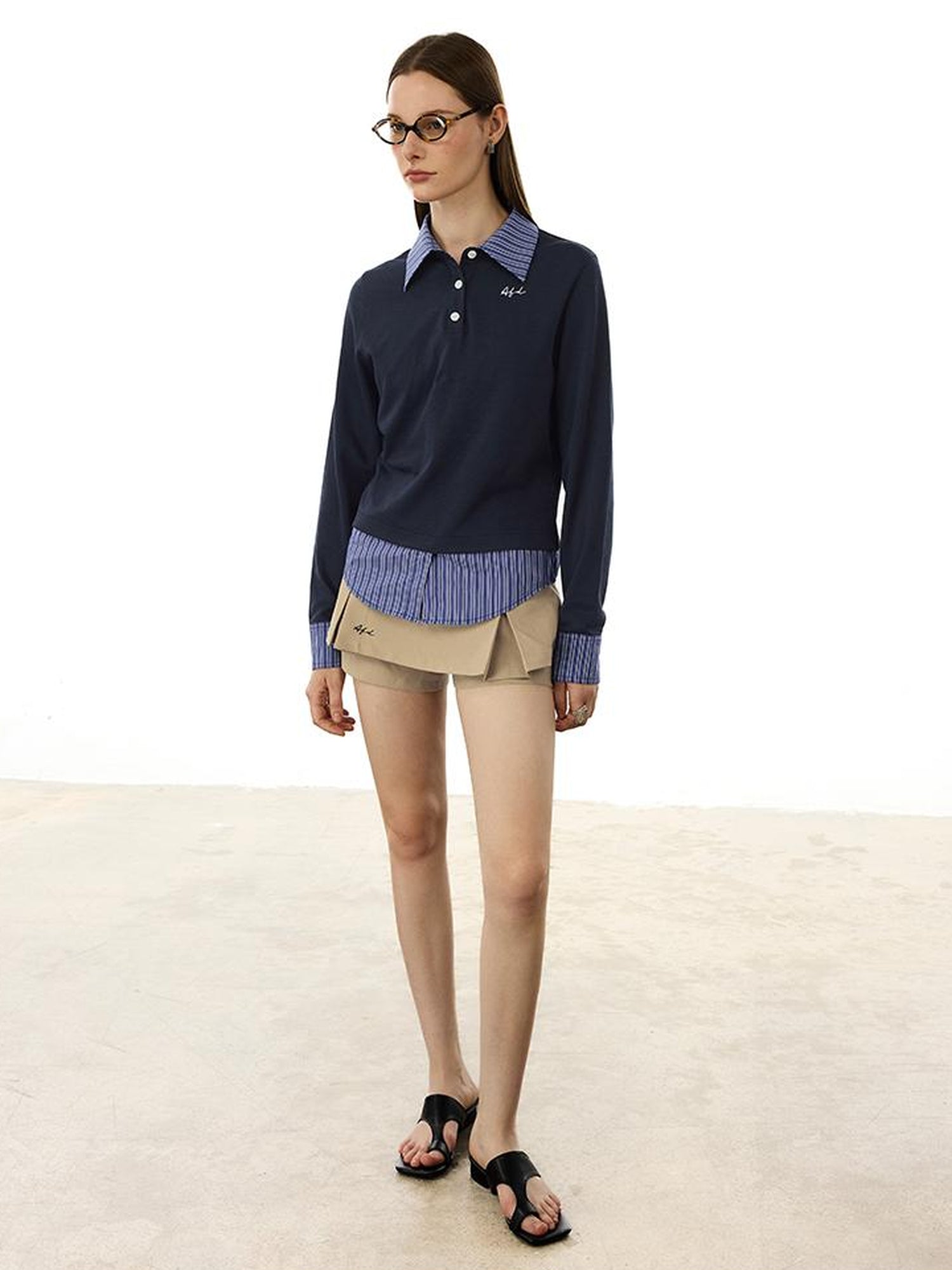 AFTADAWN Striped Layered Shirt Polo Collar Top With Pleated Skirt Set