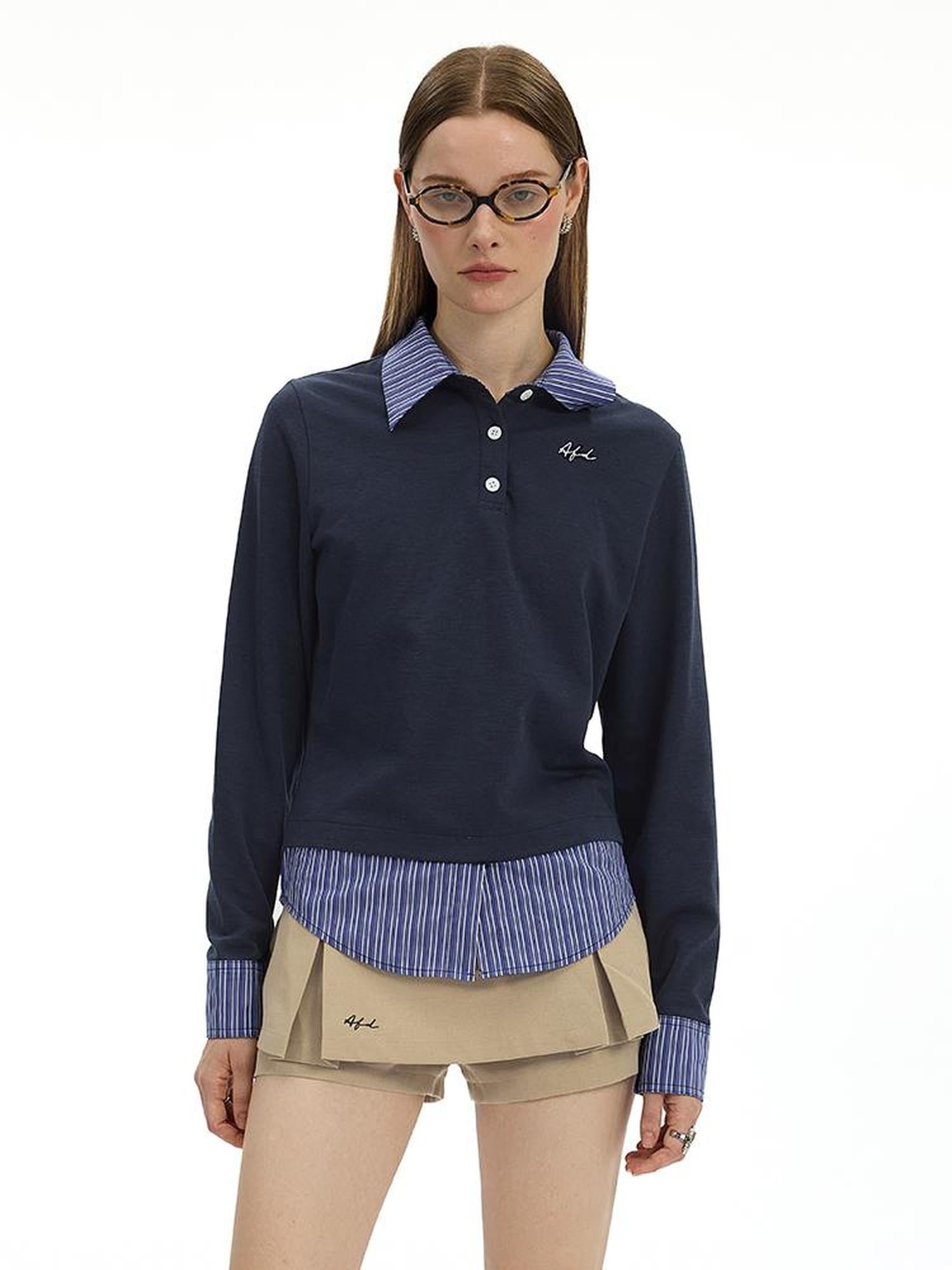 AFTADAWN Striped Layered Shirt Polo Collar Top With Pleated Skirt Set