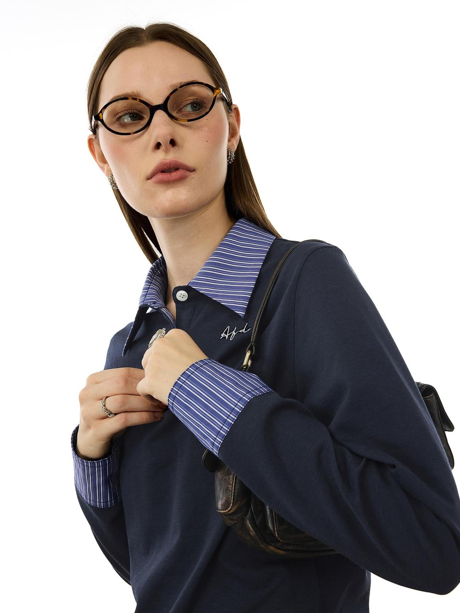 AFTADAWN Striped Layered Shirt Polo Collar Top With Pleated Skirt Set