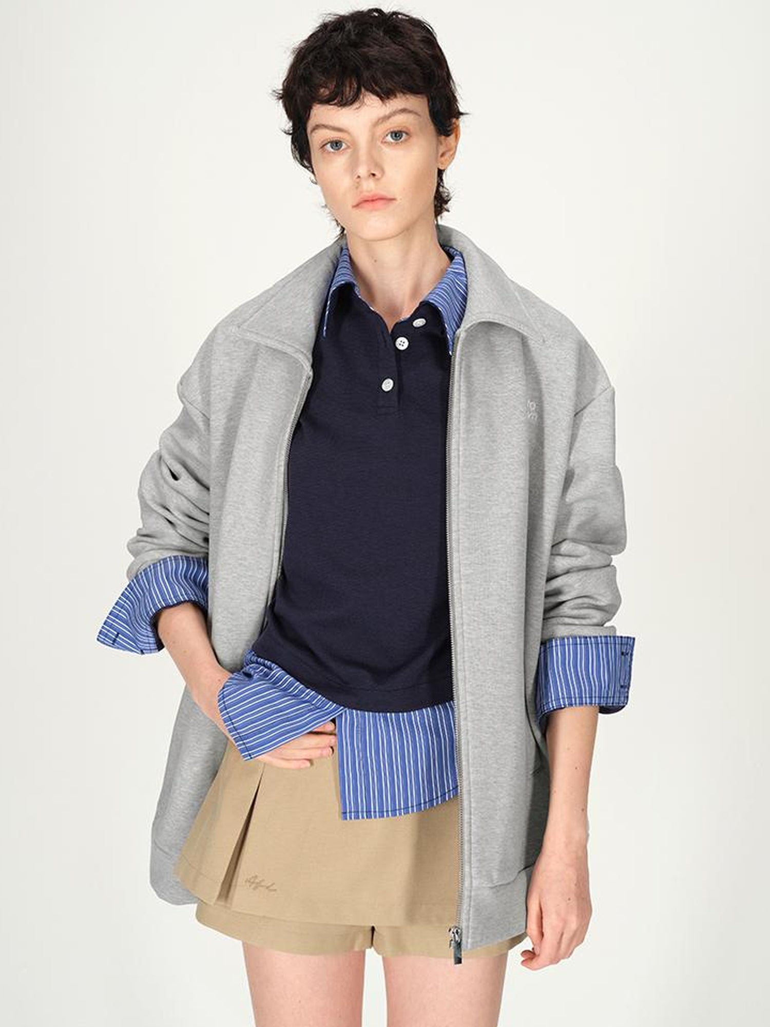 AFTADAWN Striped Layered Shirt Polo Collar Top With Pleated Skirt Set