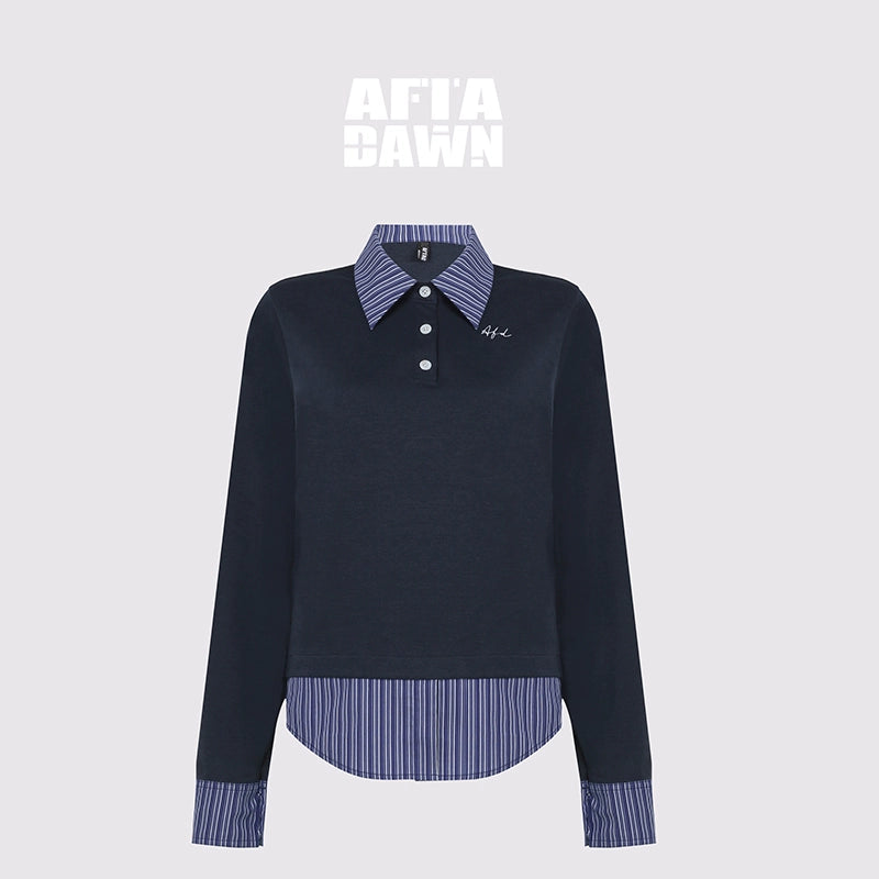 AFTADAWN_Striped_Layered_Shirt_Polo_Collar_Top_With_Pleated_Skirt_Set_MISSTT