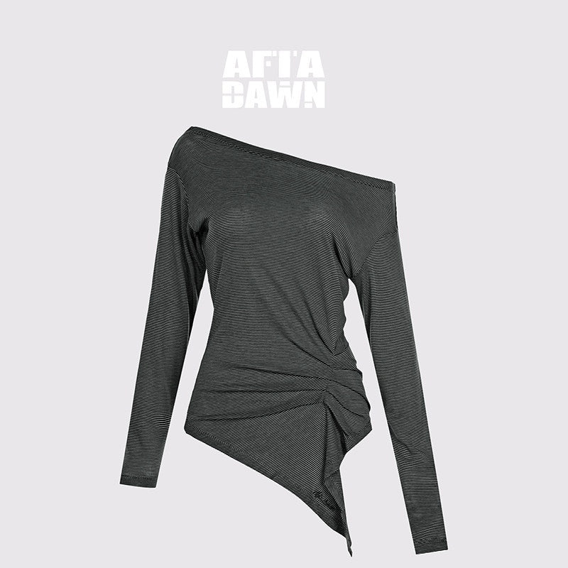 AFTADAWN_Striped_Pleated_Asymmetric_Off_Shoulder_Women&