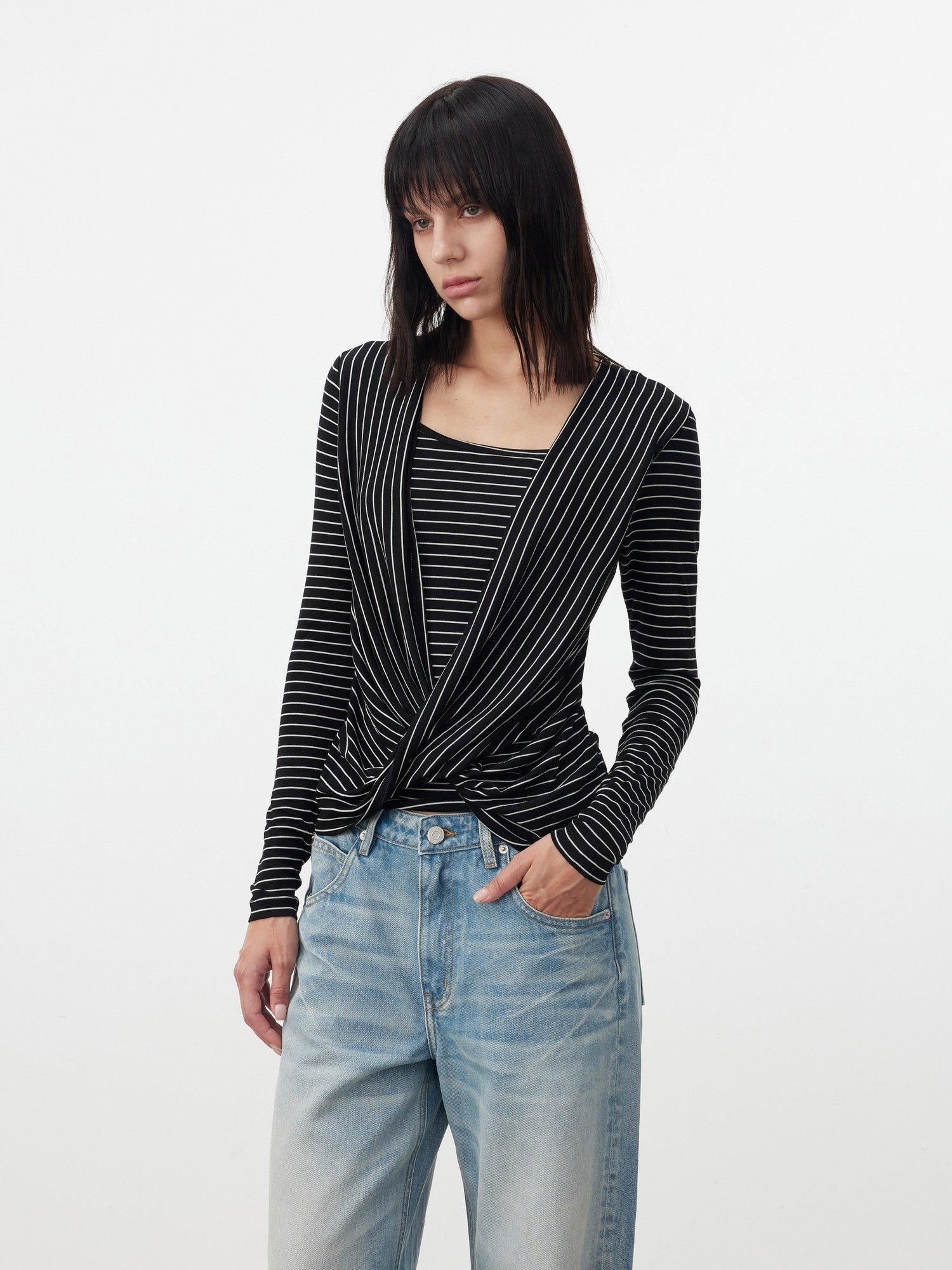 AFTADAWN Striped Pleated Crossover Drape Neck Women&