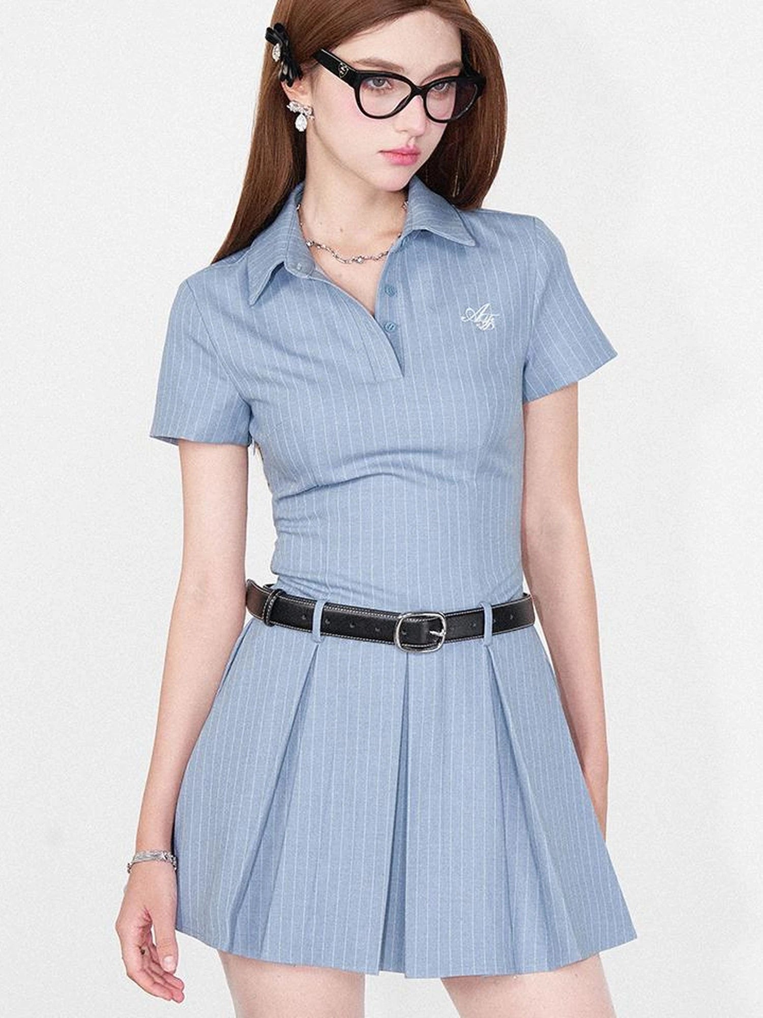 Striped Polo Collar Belted Ruffle Hem Dress