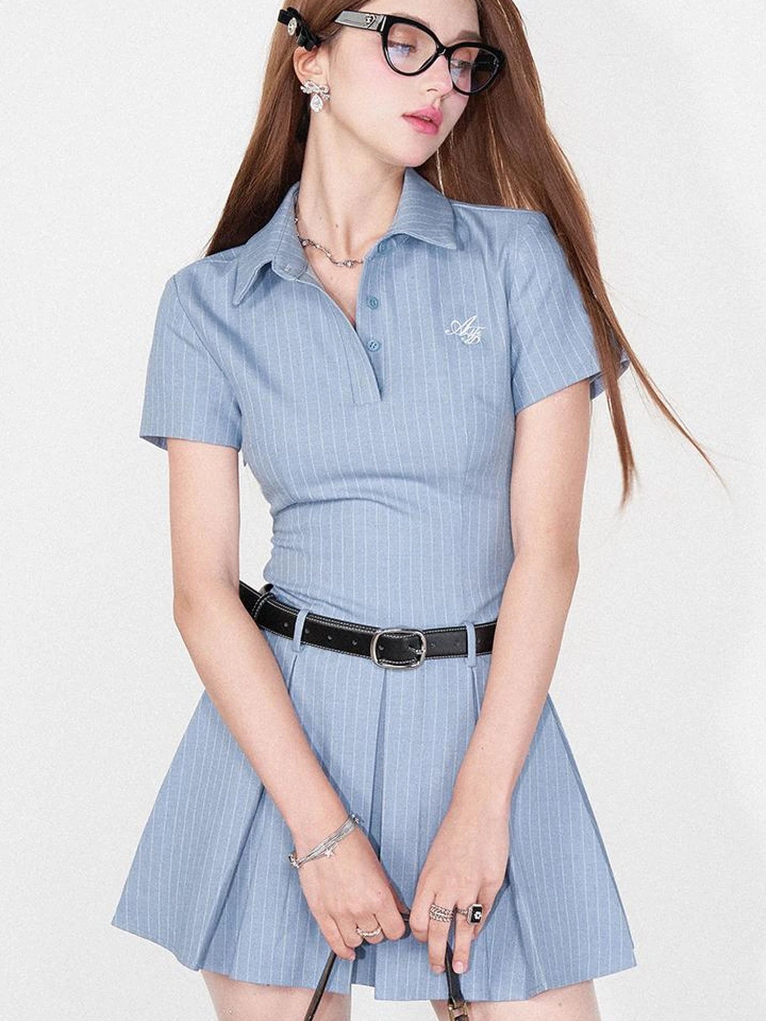 Striped Polo Collar Belted Ruffle Hem Dress