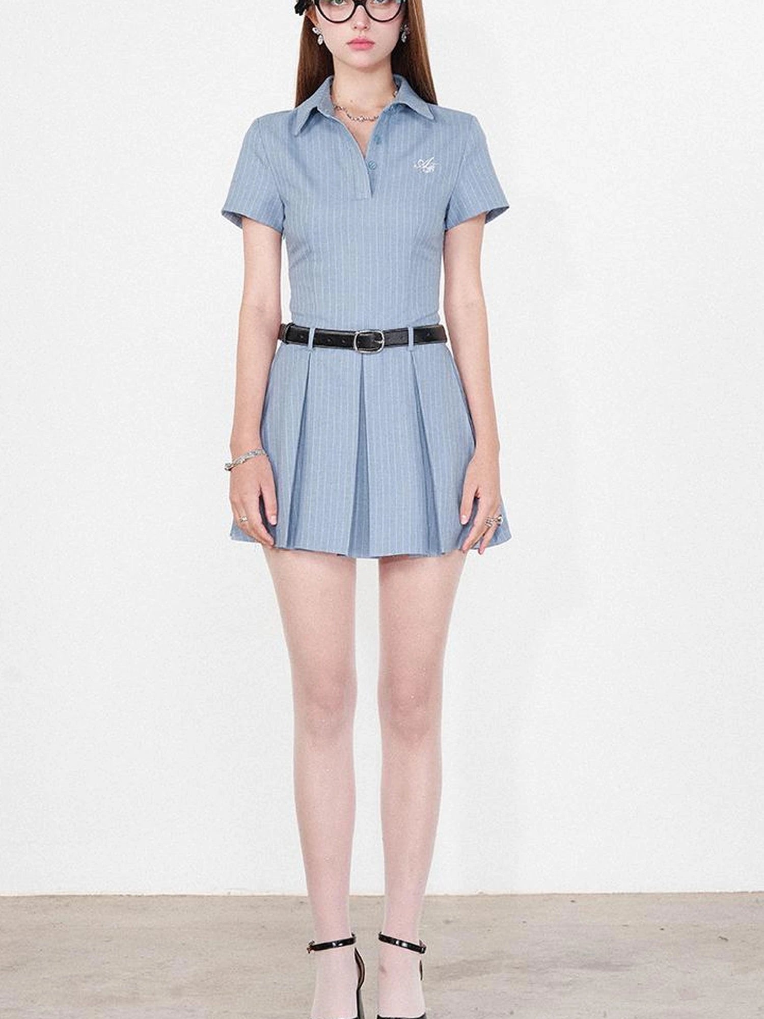 Striped Polo Collar Belted Ruffle Hem Dress