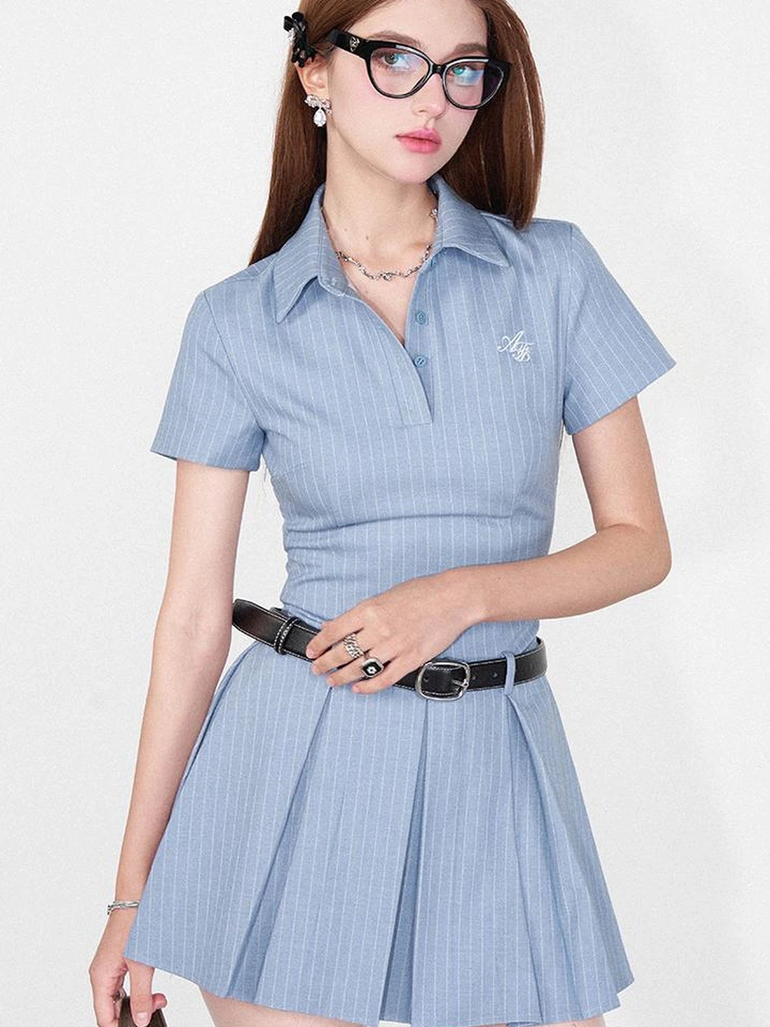 Striped Polo Collar Belted Ruffle Hem Dress