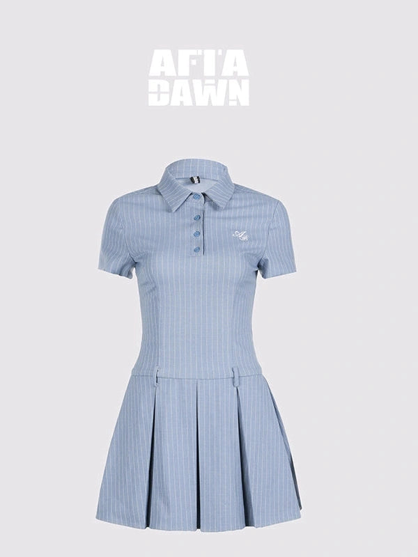 Striped Polo Collar Belted Ruffle Hem Dress