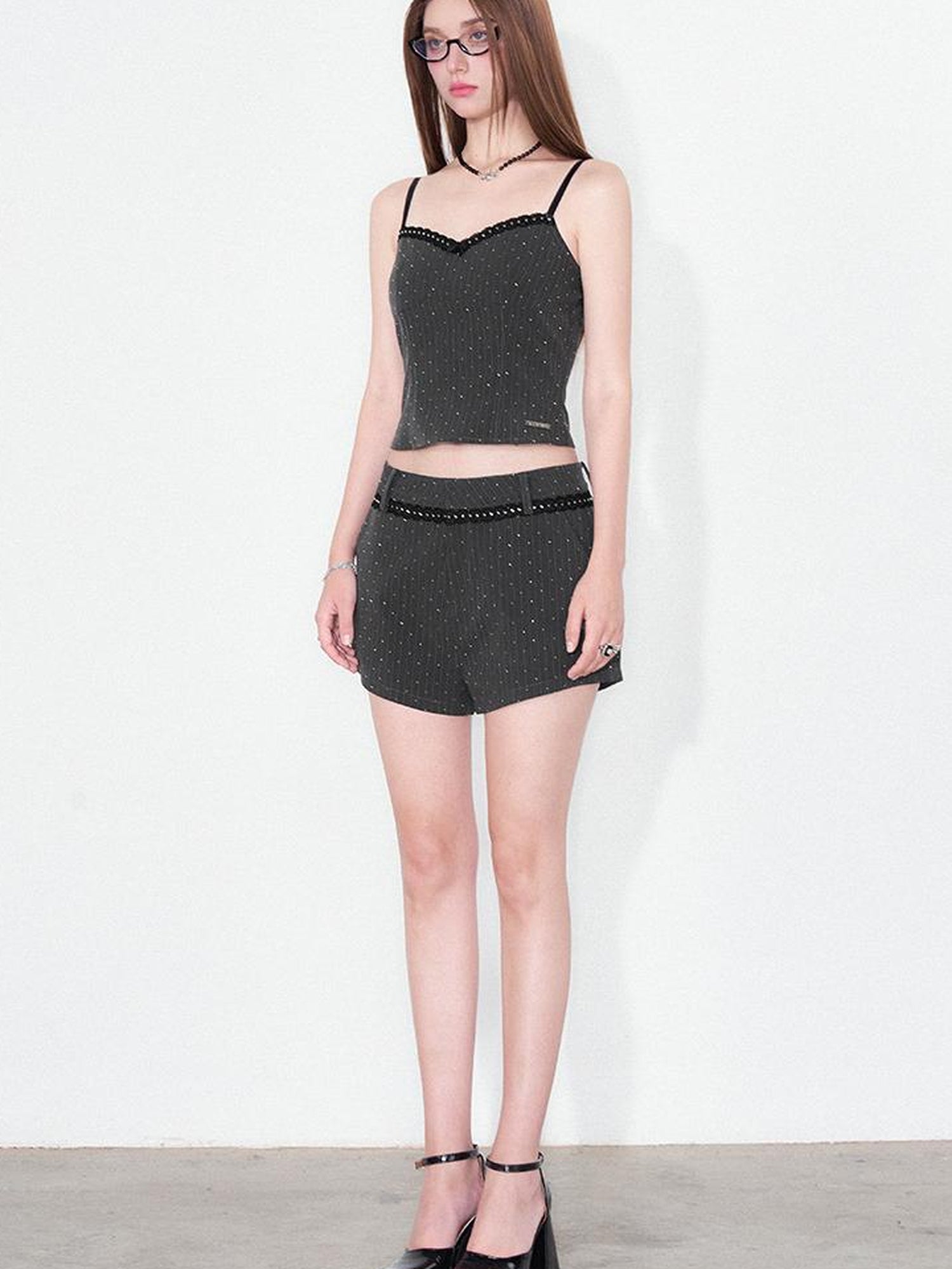 AFTADAWN Striped Rhinestone Blazer Set With Lace Bow