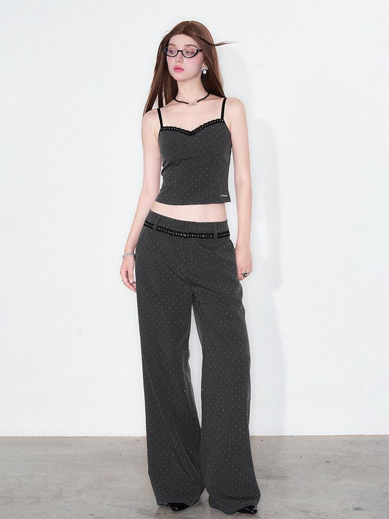 AFTADAWN Striped Rhinestone Blazer Set With Lace Bow