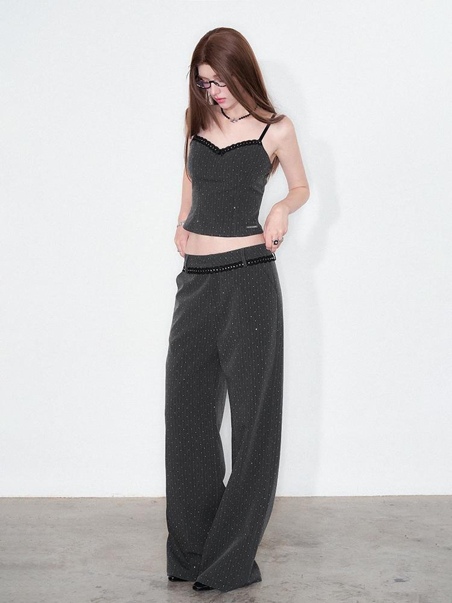 AFTADAWN Striped Rhinestone Blazer Set With Lace Bow