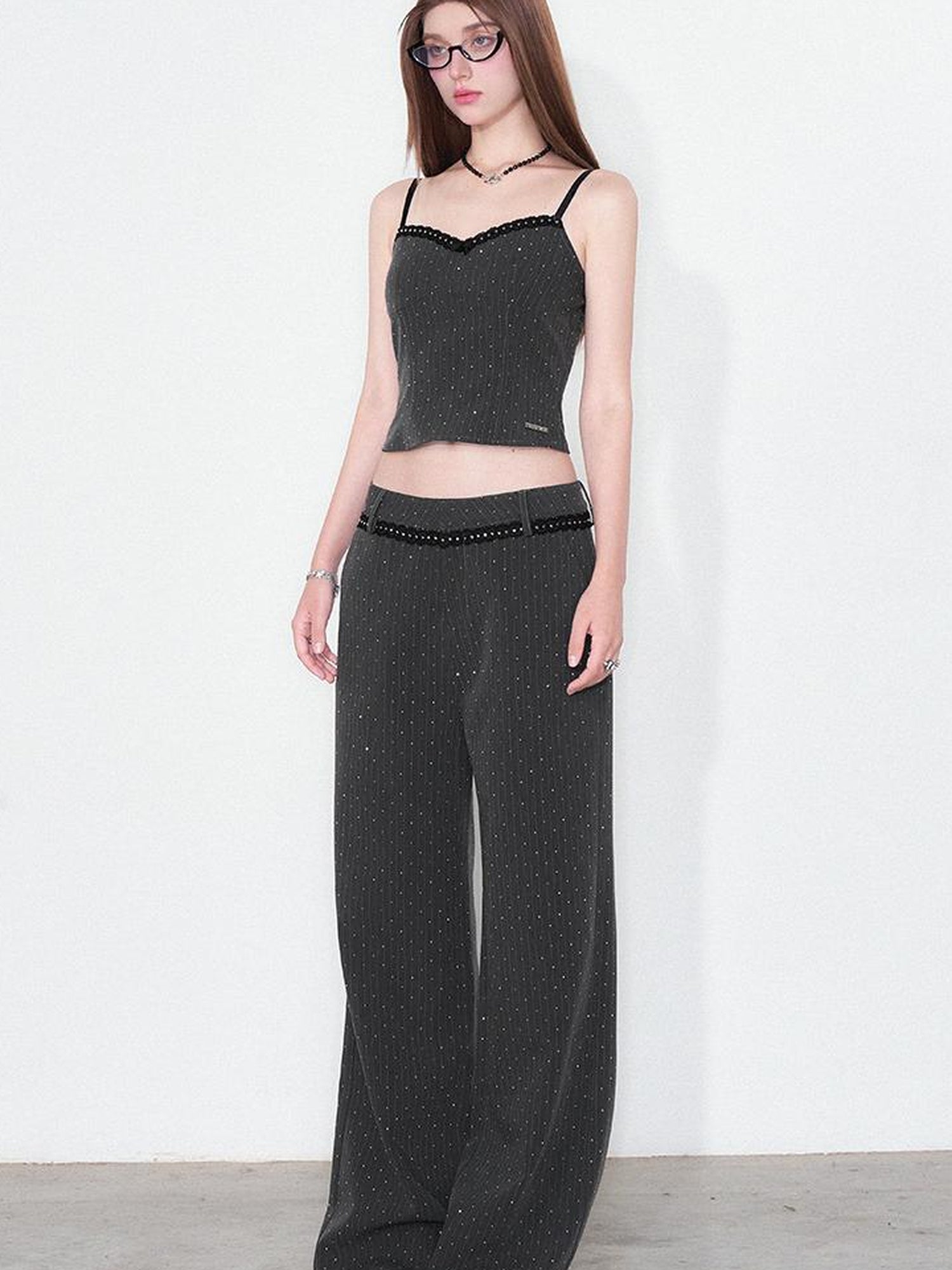 AFTADAWN Striped Rhinestone Blazer Set With Lace Bow