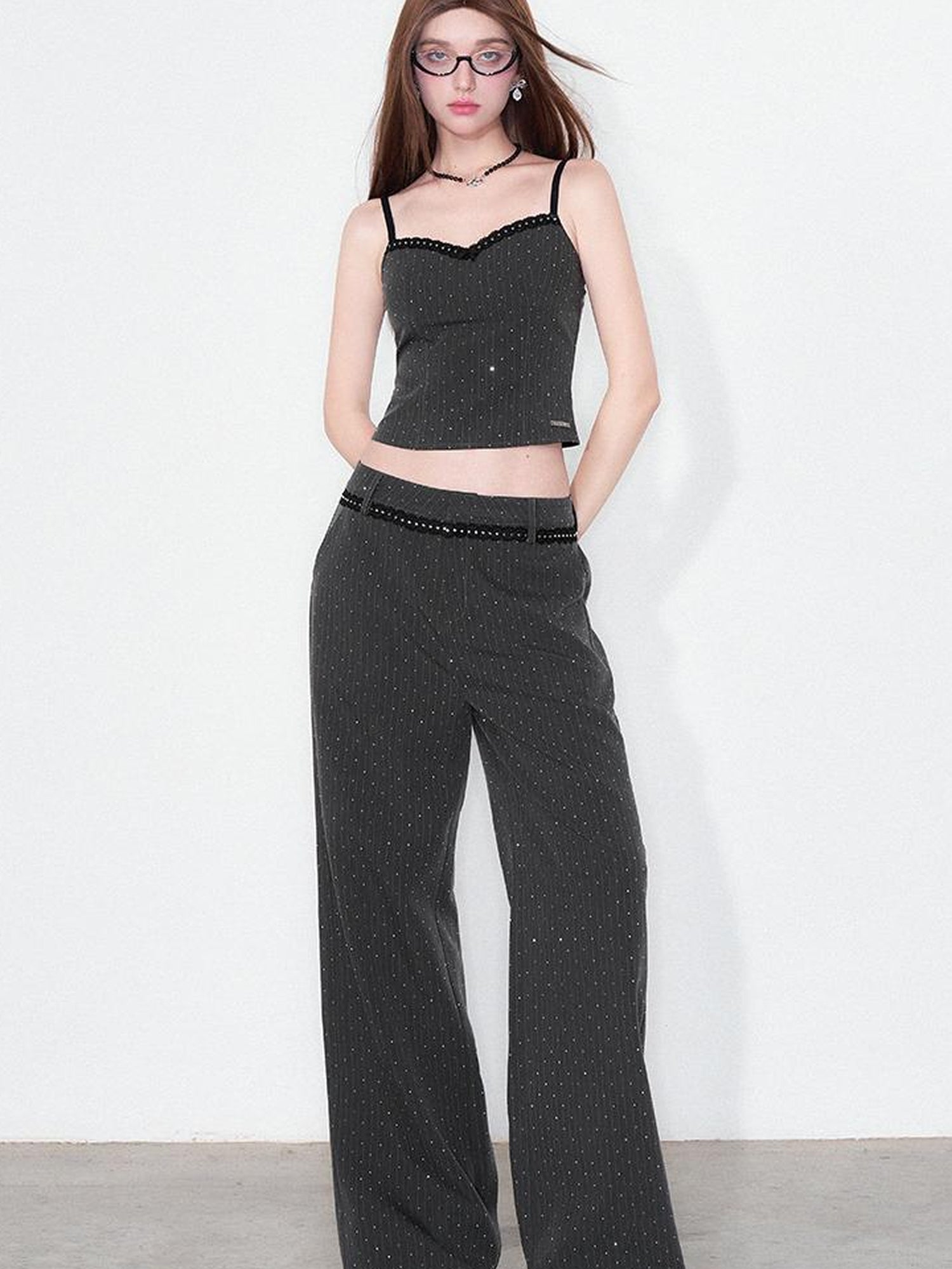 AFTADAWN Striped Rhinestone Blazer Set With Lace Bow