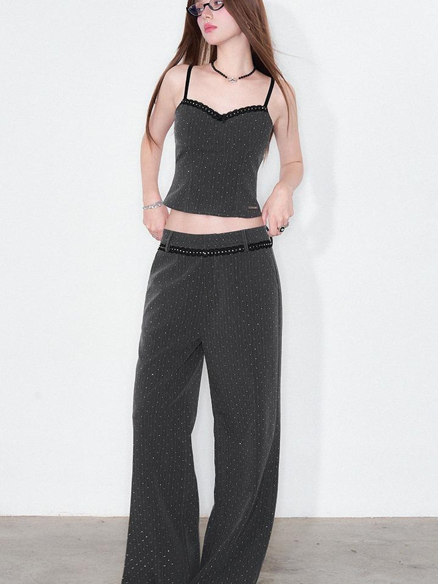 AFTADAWN Striped Rhinestone Blazer Set With Lace Bow