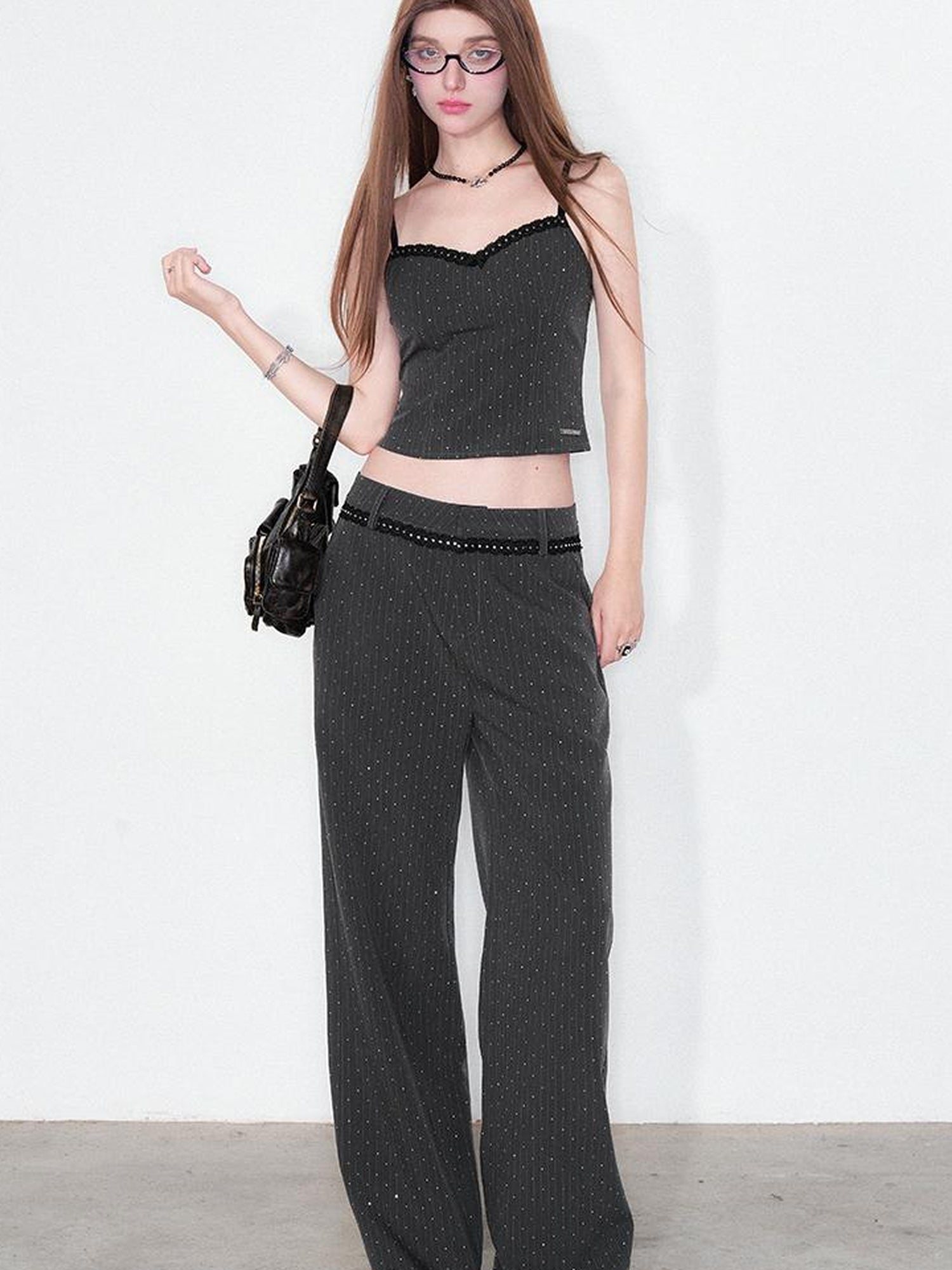 AFTADAWN Striped Rhinestone Blazer Set With Lace Bow