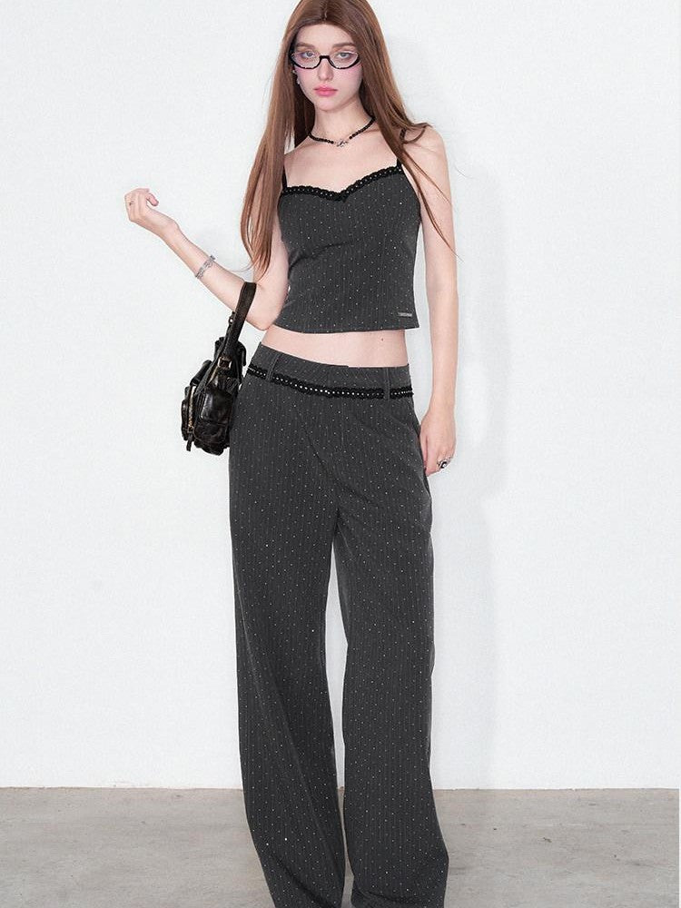 AFTADAWN Striped Rhinestone Cropped Camisole Women&