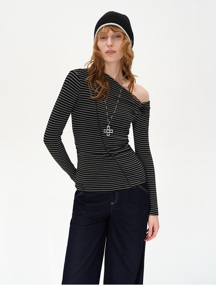 AFTADAWN Striped Ruched Off Shoulder Asymmetric Women&