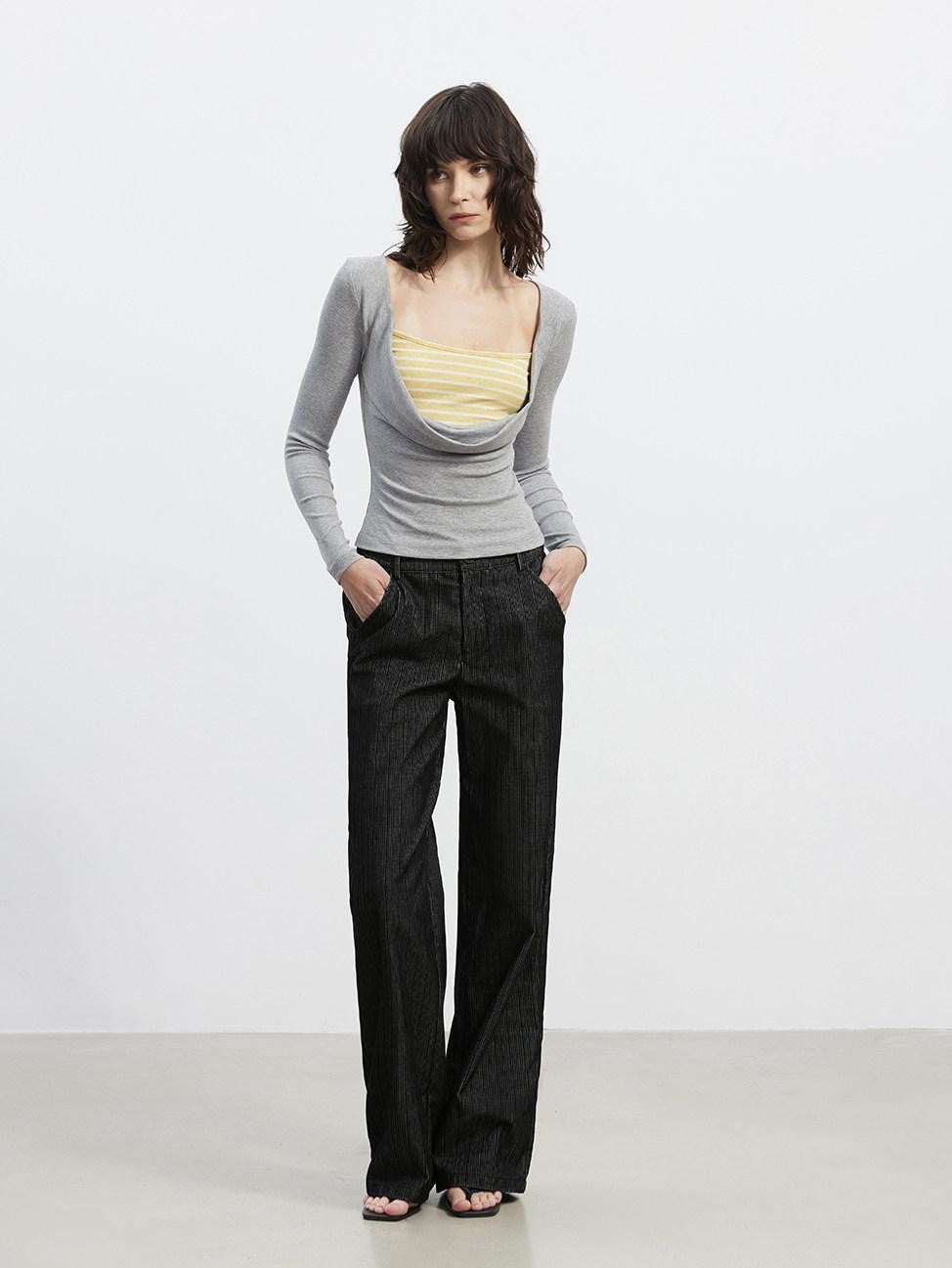 AFTADAWN Striped Spliced Faux Layered Drape Neck Women&