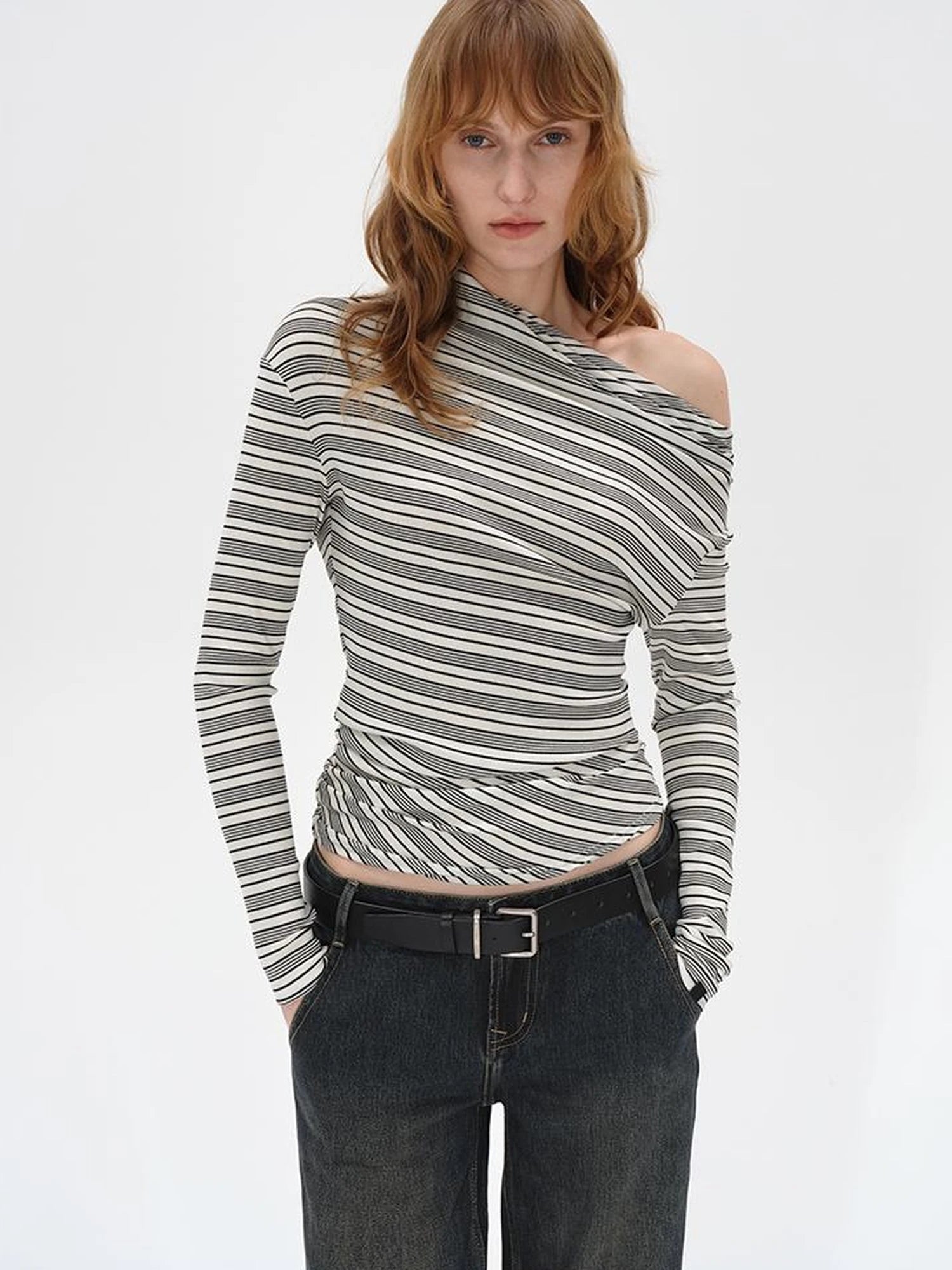 Striped Stacked Neck Asymmetric Two Way Long Sleeve T-shirt