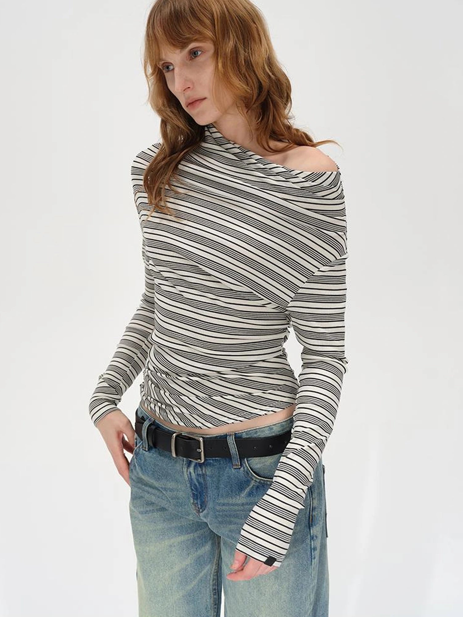 Striped Stacked Neck Asymmetric Two Way Long Sleeve T-shirt