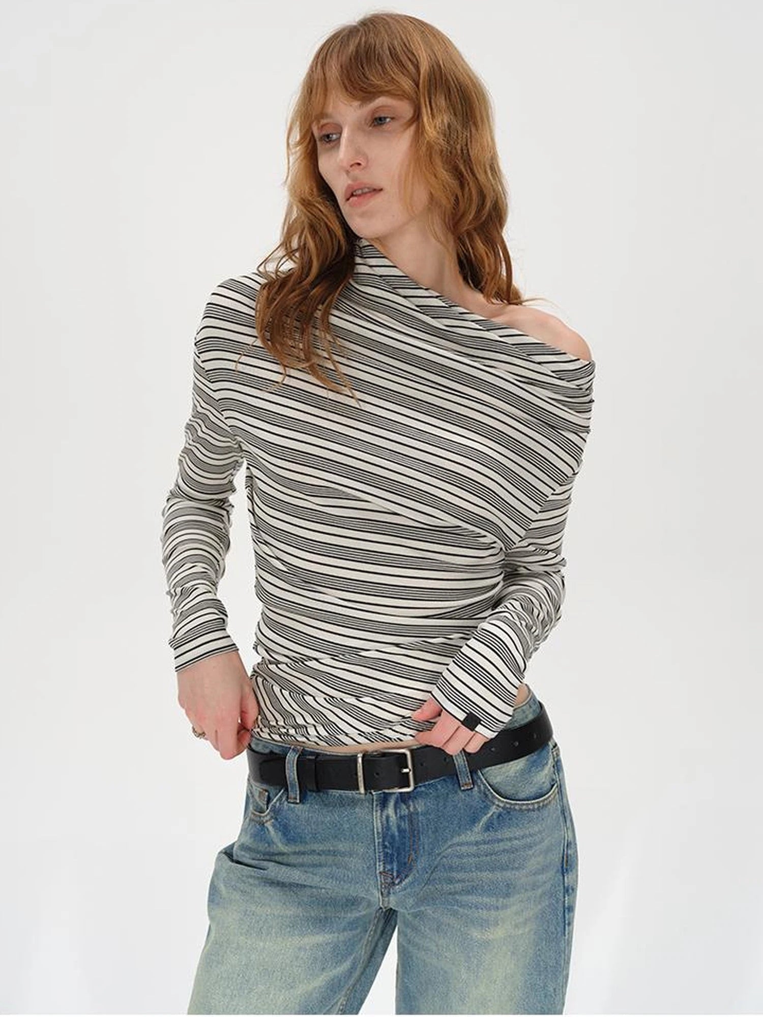 Striped Stacked Neck Asymmetric Two Way Long Sleeve T-shirt