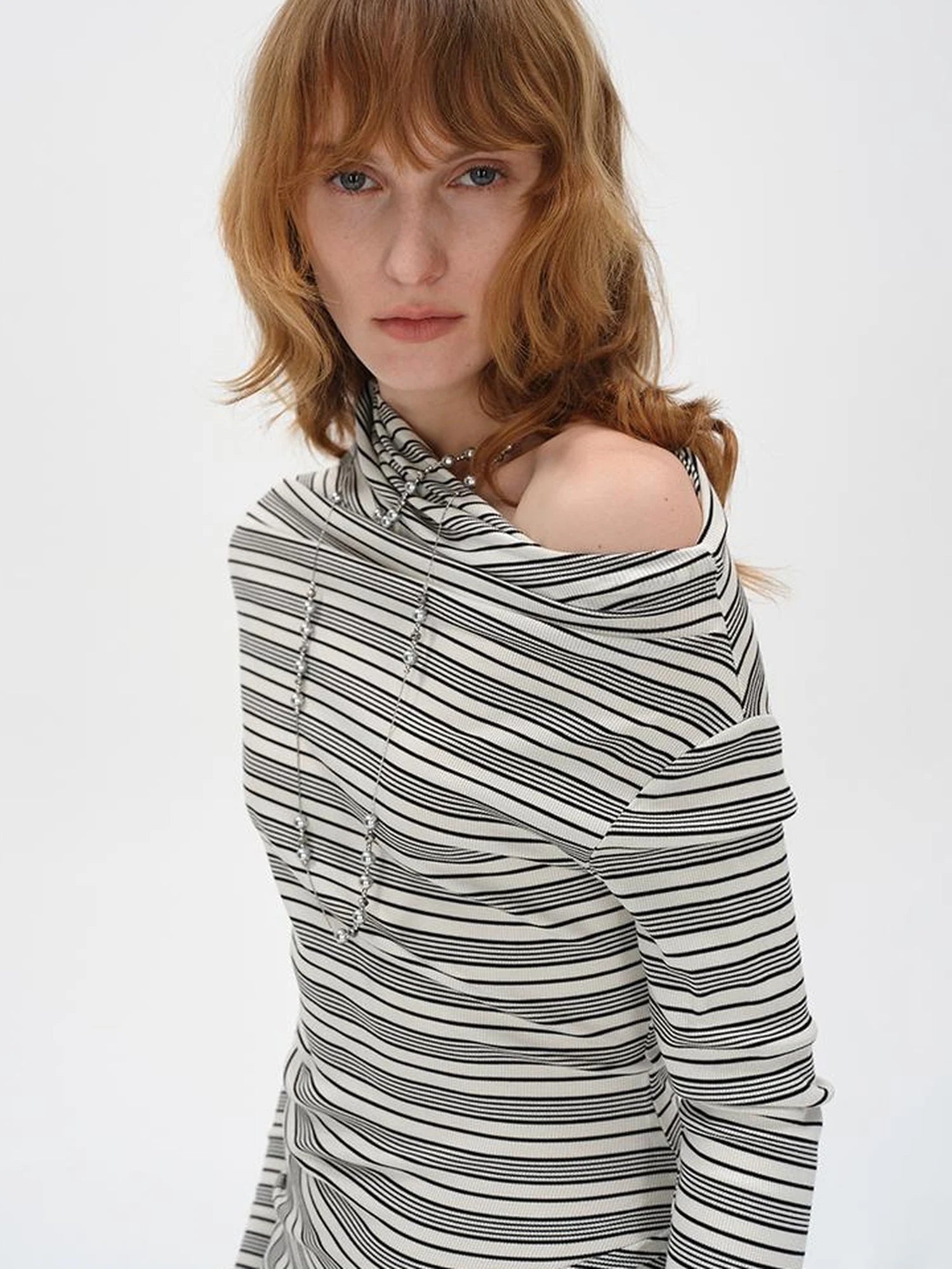 Striped Stacked Neck Asymmetric Two Way Long Sleeve T-shirt