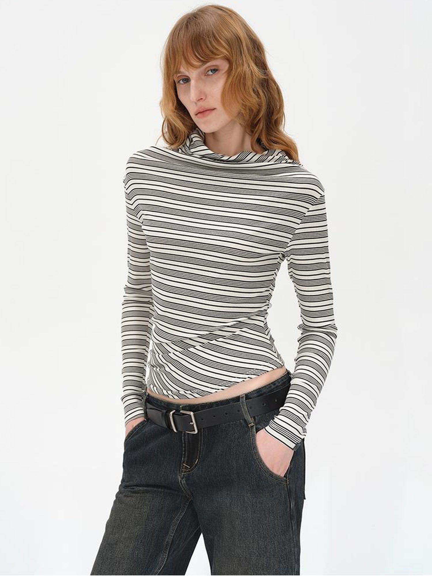 AFTADAWN Striped Stacked Neck Asymmetric Two Way Long Sleeve T-shirt