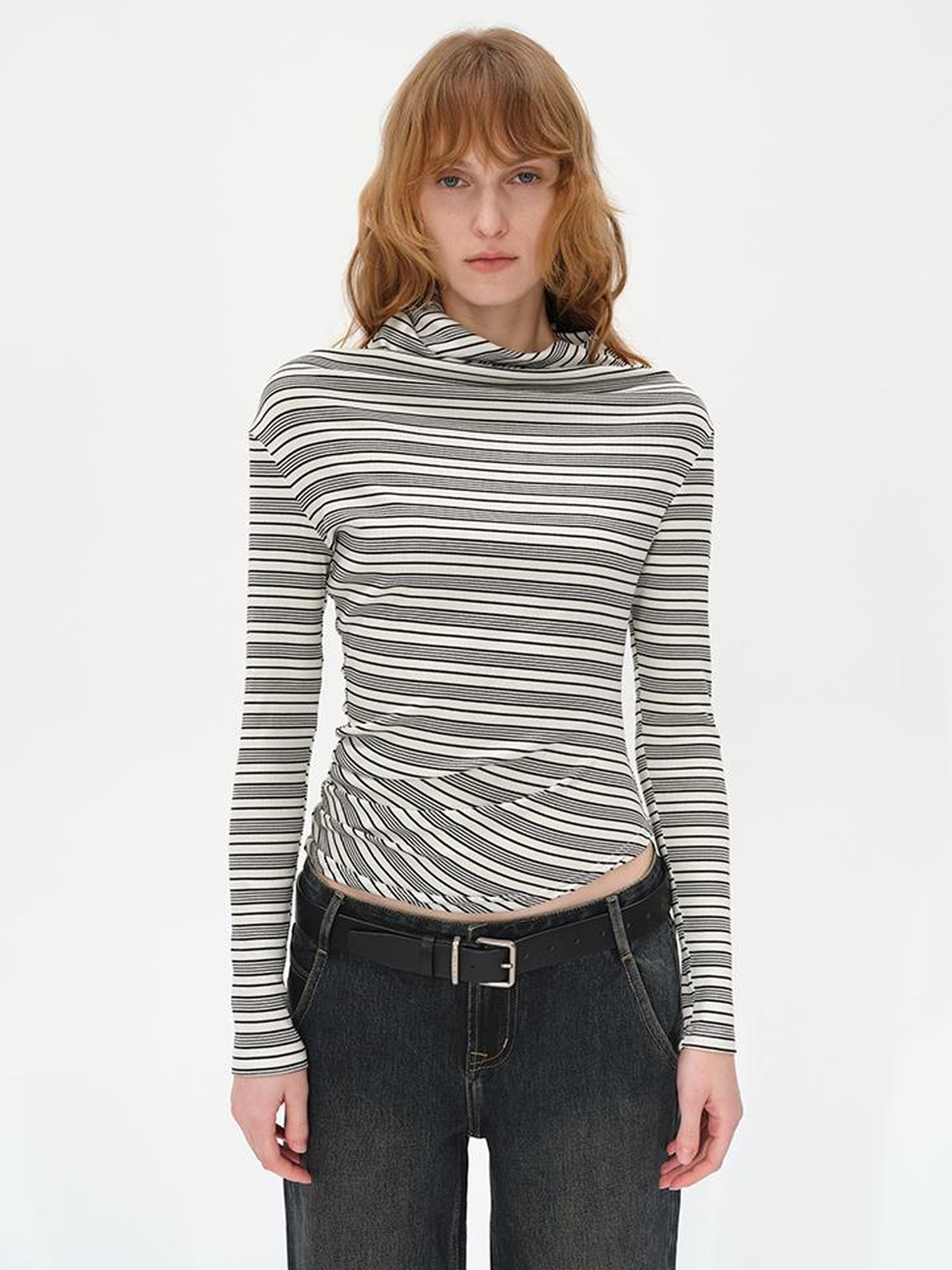 AFTADAWN Striped Stacked Neck Asymmetric Two Way Long Sleeve T-shirt