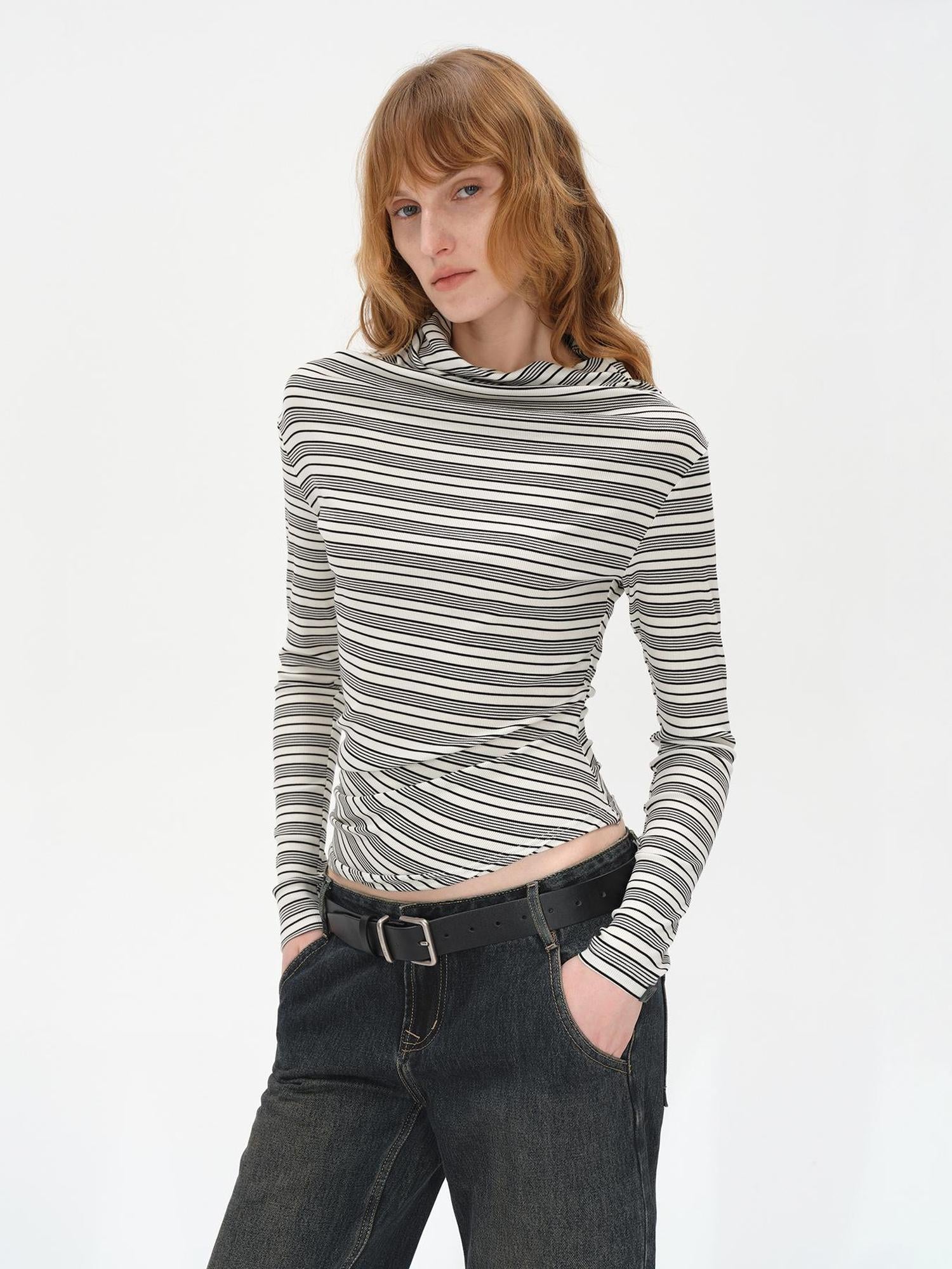 AFTADAWN Striped Stacked Neck Asymmetric Two Way Long Sleeve T-shirt
