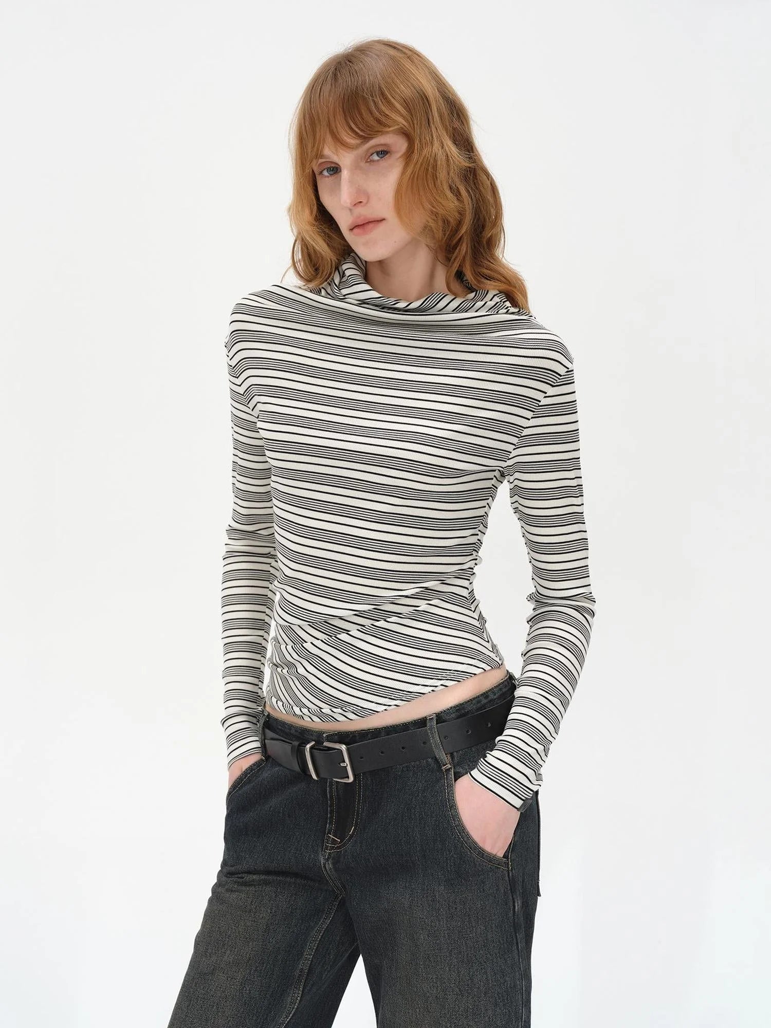 Striped Stacked Neck Asymmetric Two Way Long Sleeve T-shirt