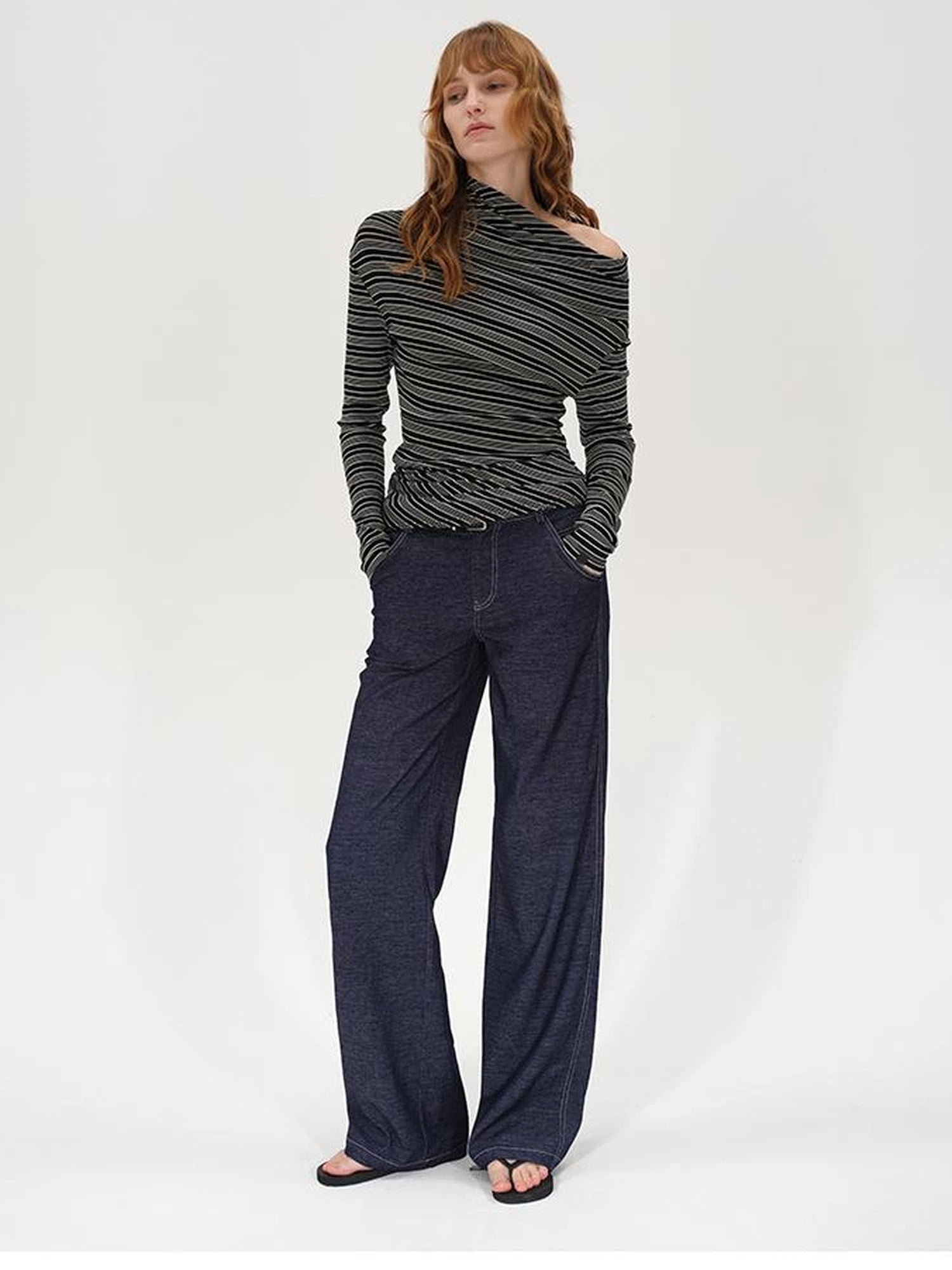 Striped Stacked Neck Asymmetric Two Way Long Sleeve T-shirt