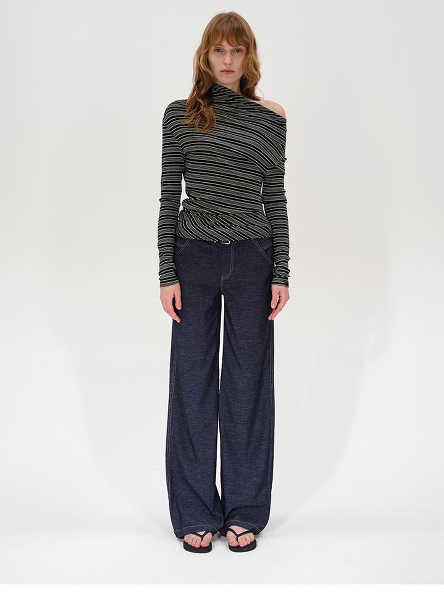 AFTADAWN Striped Stacked Neck Asymmetric Two Way Long Sleeve T-shirt