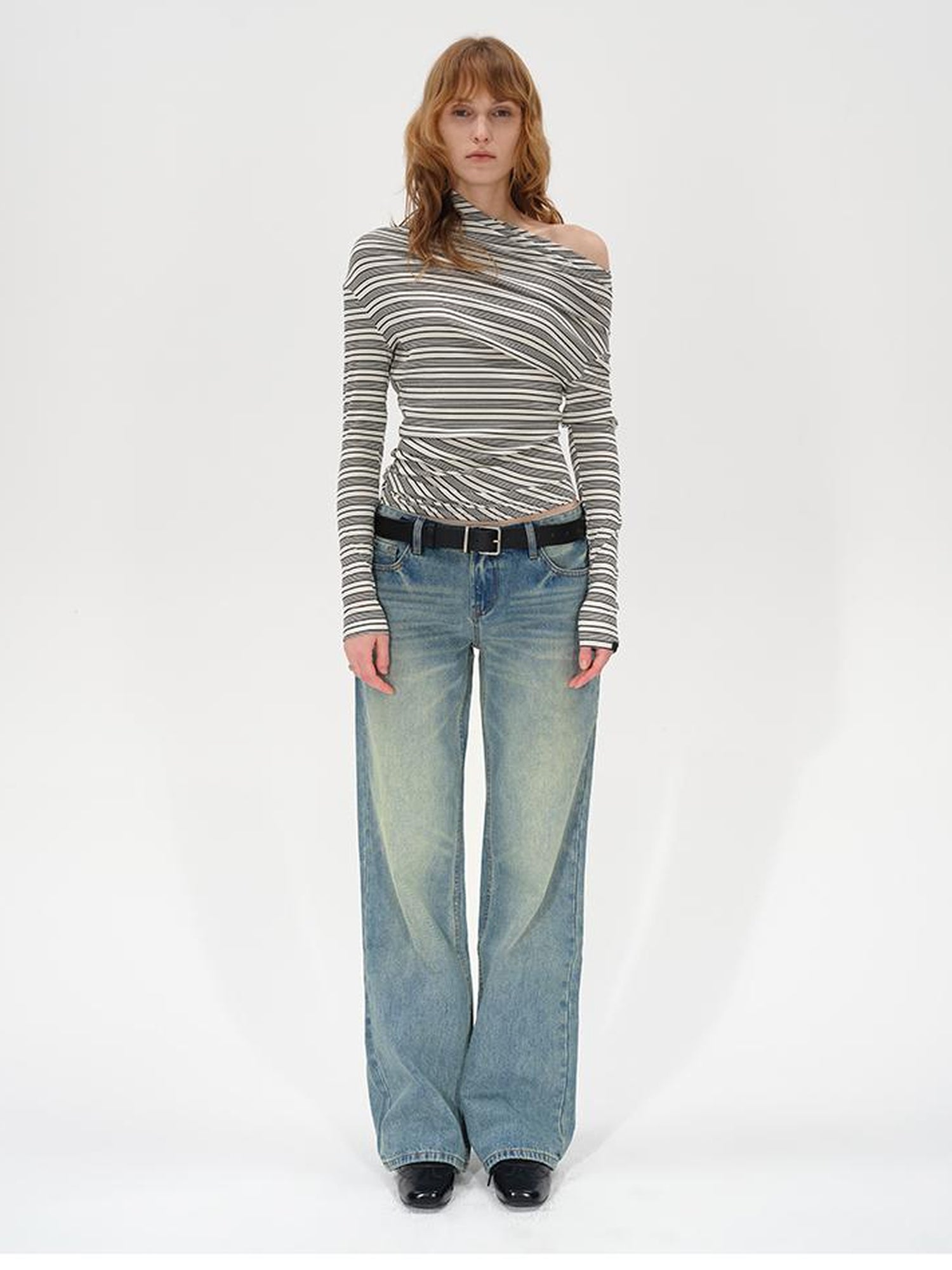 AFTADAWN Striped Stacked Neck Asymmetric Two Way Long Sleeve T-shirt