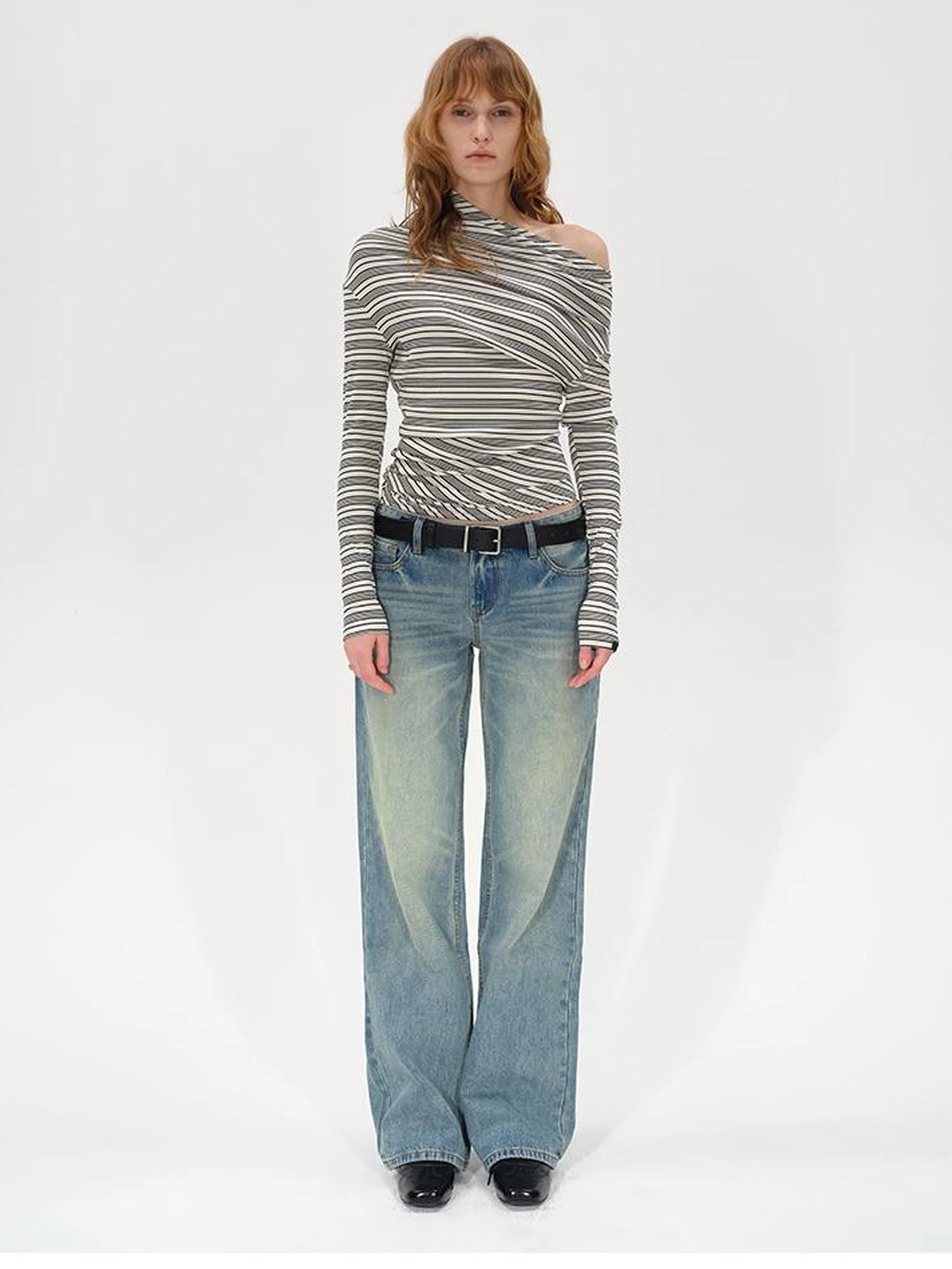 Striped Stacked Neck Asymmetric Two Way Long Sleeve T-shirt