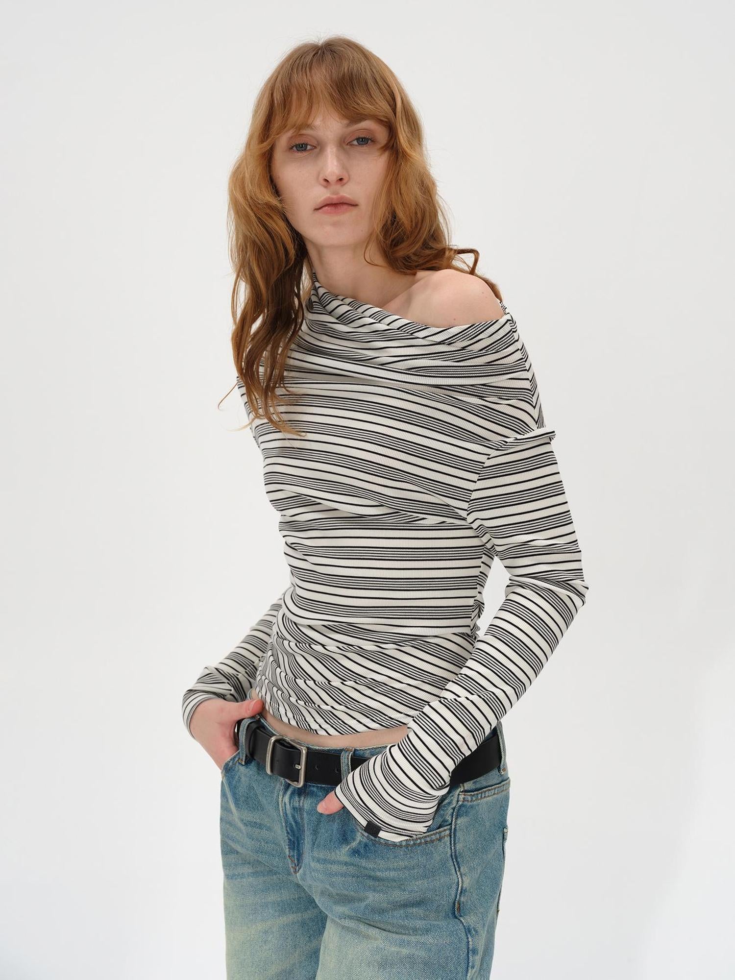 AFTADAWN Striped Stacked Neck Asymmetric Two Way Long Sleeve T-shirt