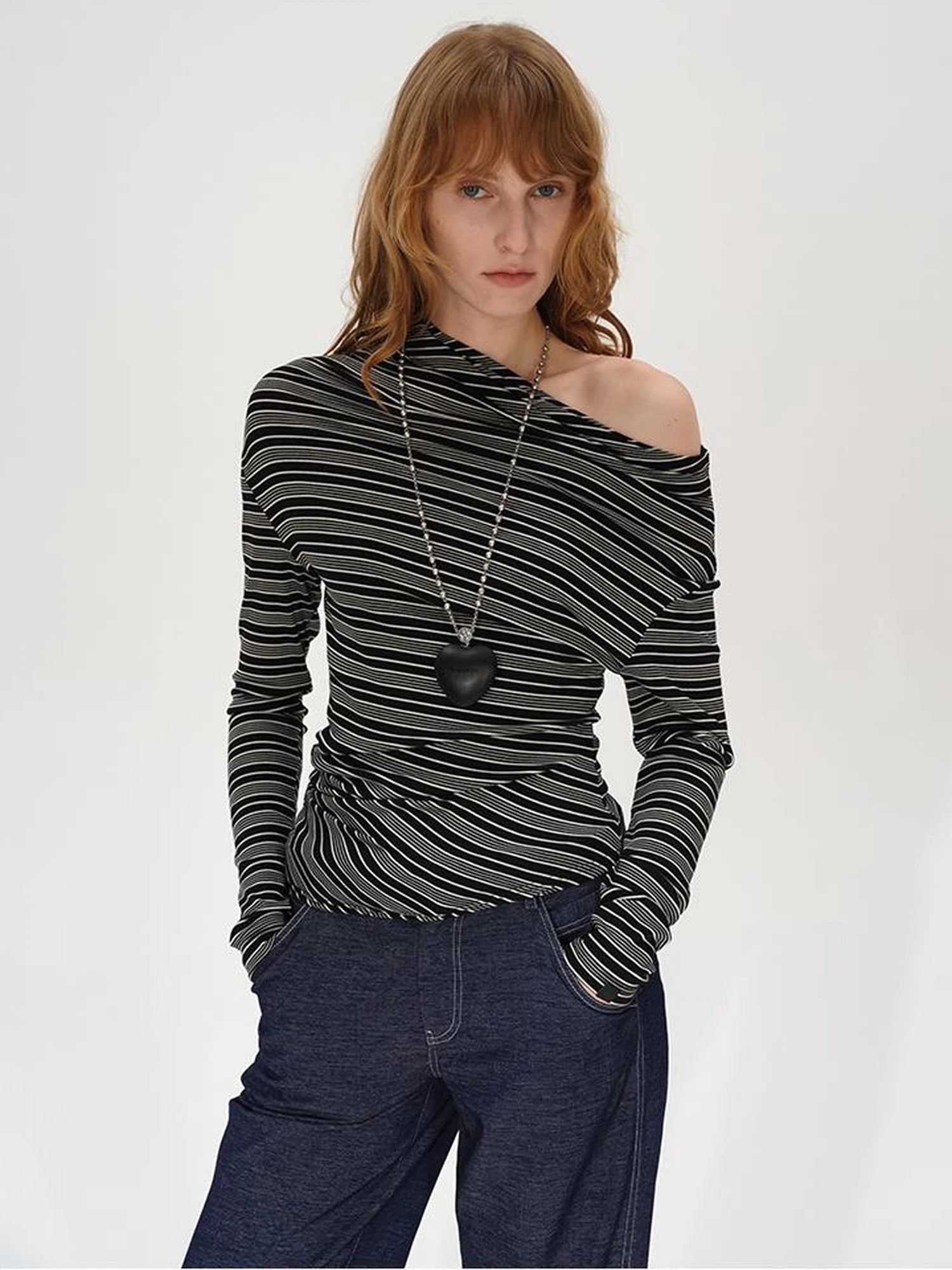 Striped Stacked Neck Asymmetric Two Way Long Sleeve T-shirt