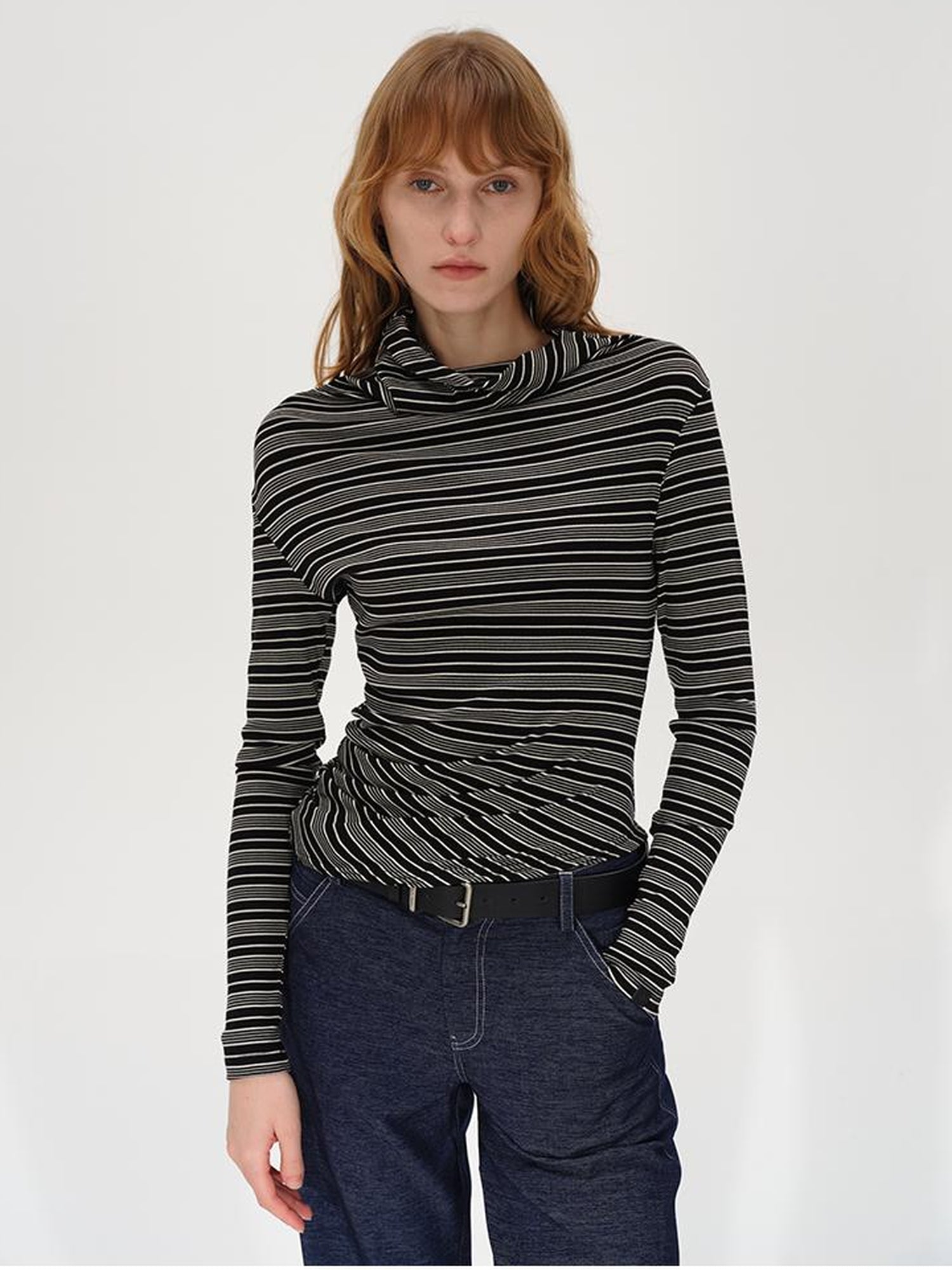 AFTADAWN Striped Stacked Neck Asymmetric Two Way Long Sleeve T-shirt