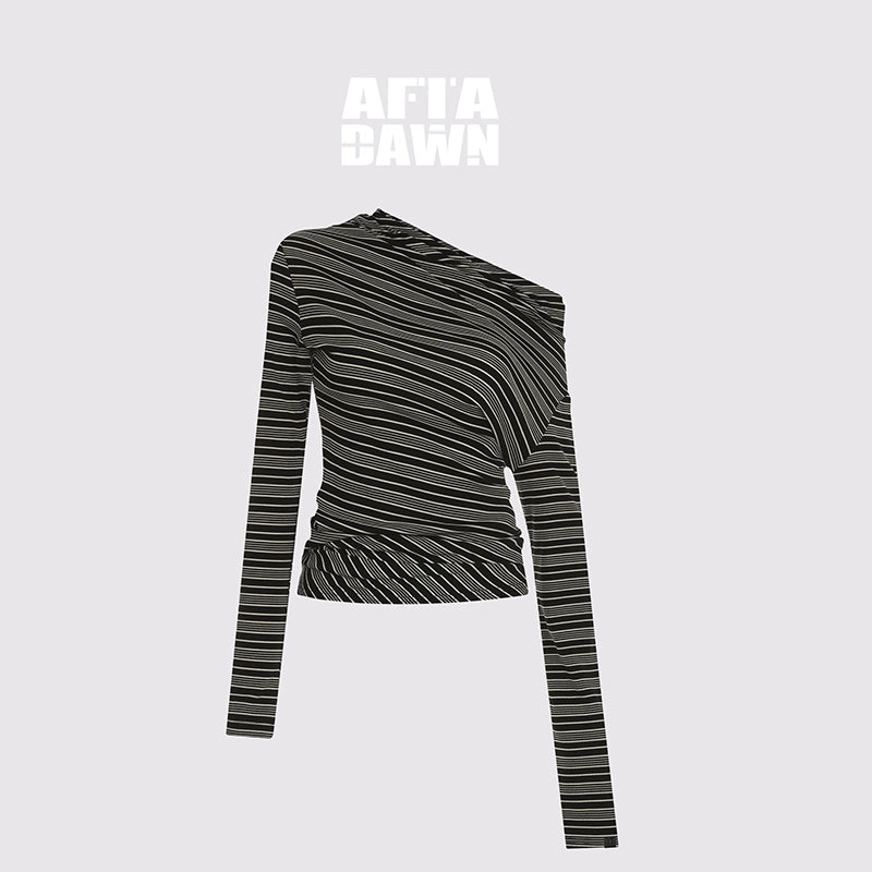AFTADAWN_Striped_Stacked_Neck_Asymmetric_Two_Way_Long_Sleeve_T-shirt_MISSTT