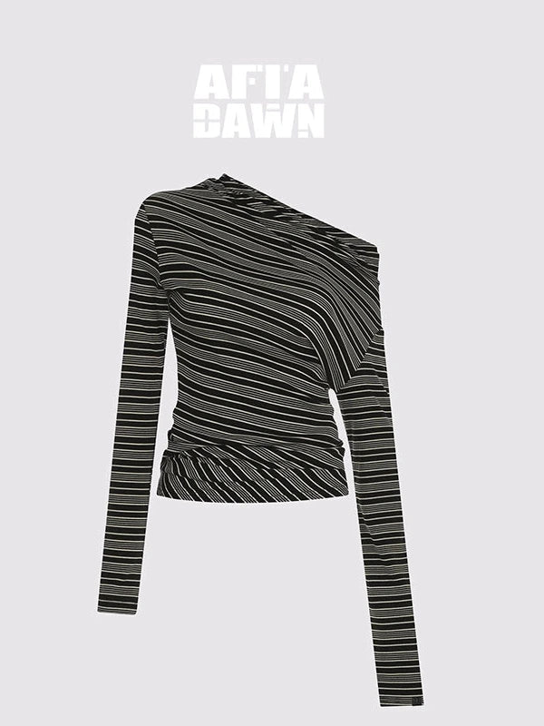 Striped Stacked Neck Asymmetric Two Way Long Sleeve T-shirt
