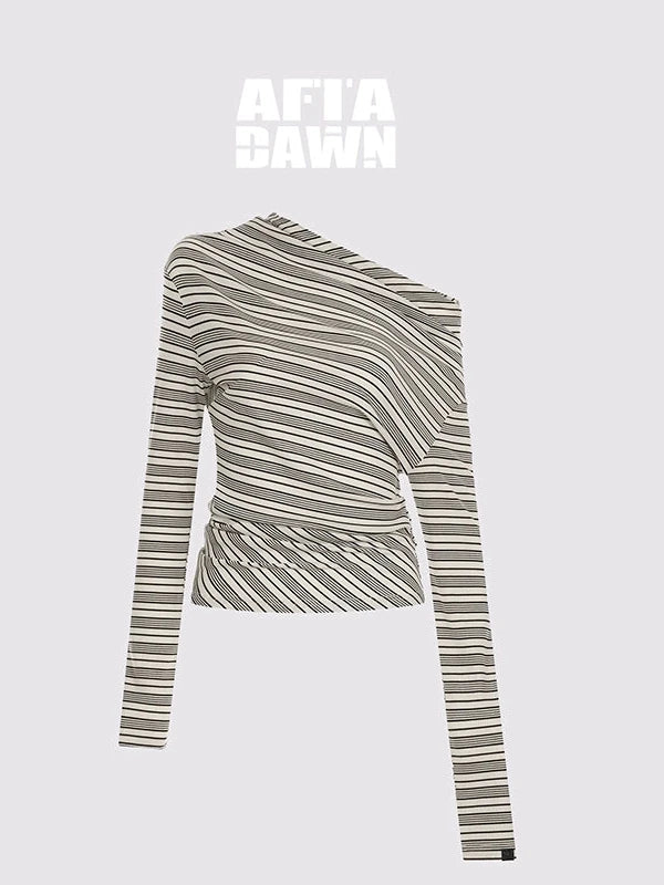 Striped Stacked Neck Asymmetric Two Way Long Sleeve T-shirt