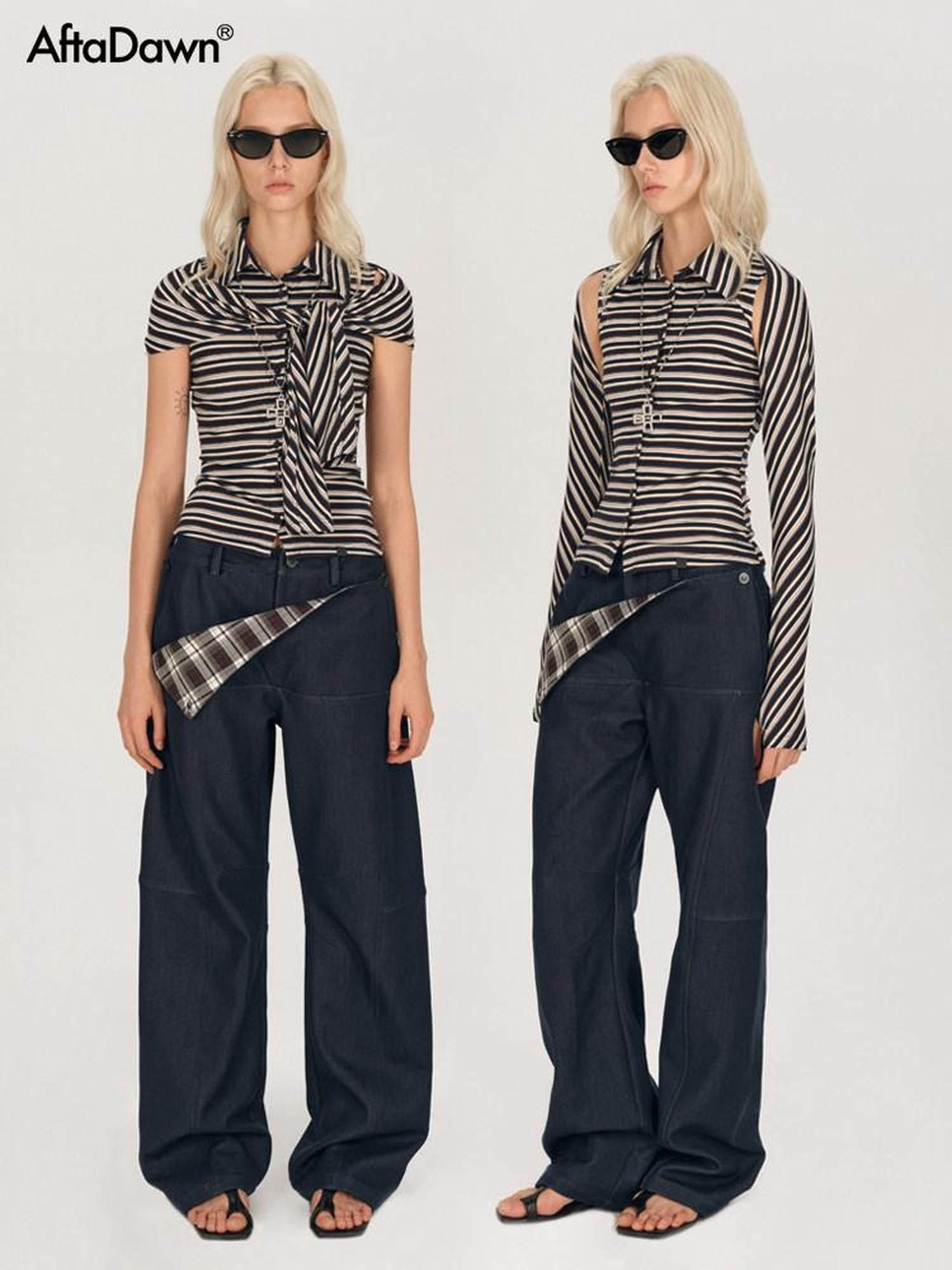 AFTADAWN Striped Tie Two Way Henley Slim Women&