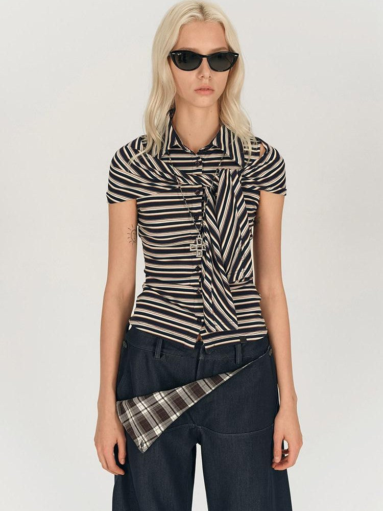 AFTADAWN Striped Tie Two Way Henley Slim Women&