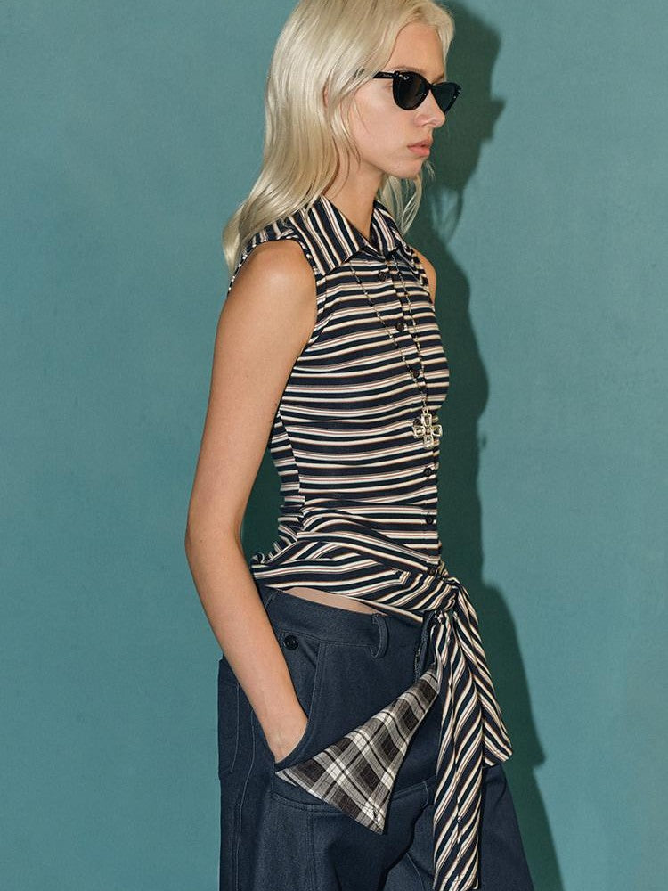 AFTADAWN Striped Tie Two Way Henley Slim Women&