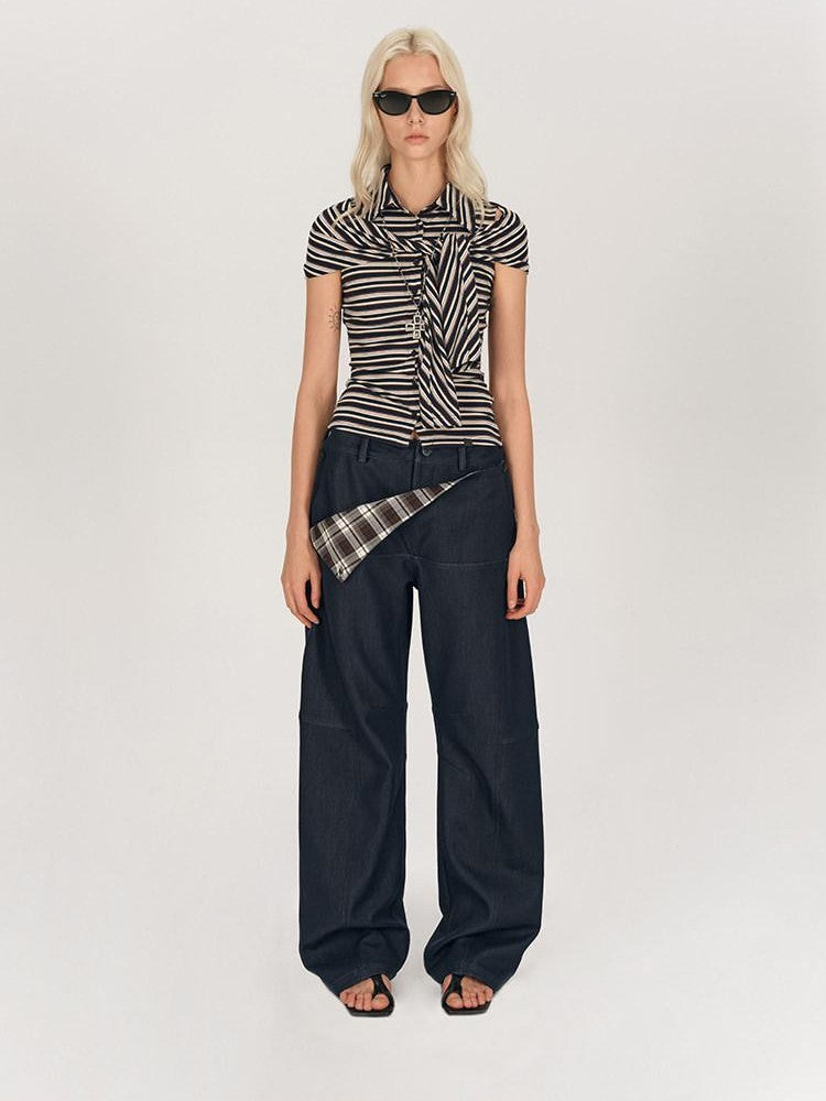 AFTADAWN Striped Tie Two Way Henley Slim Women&