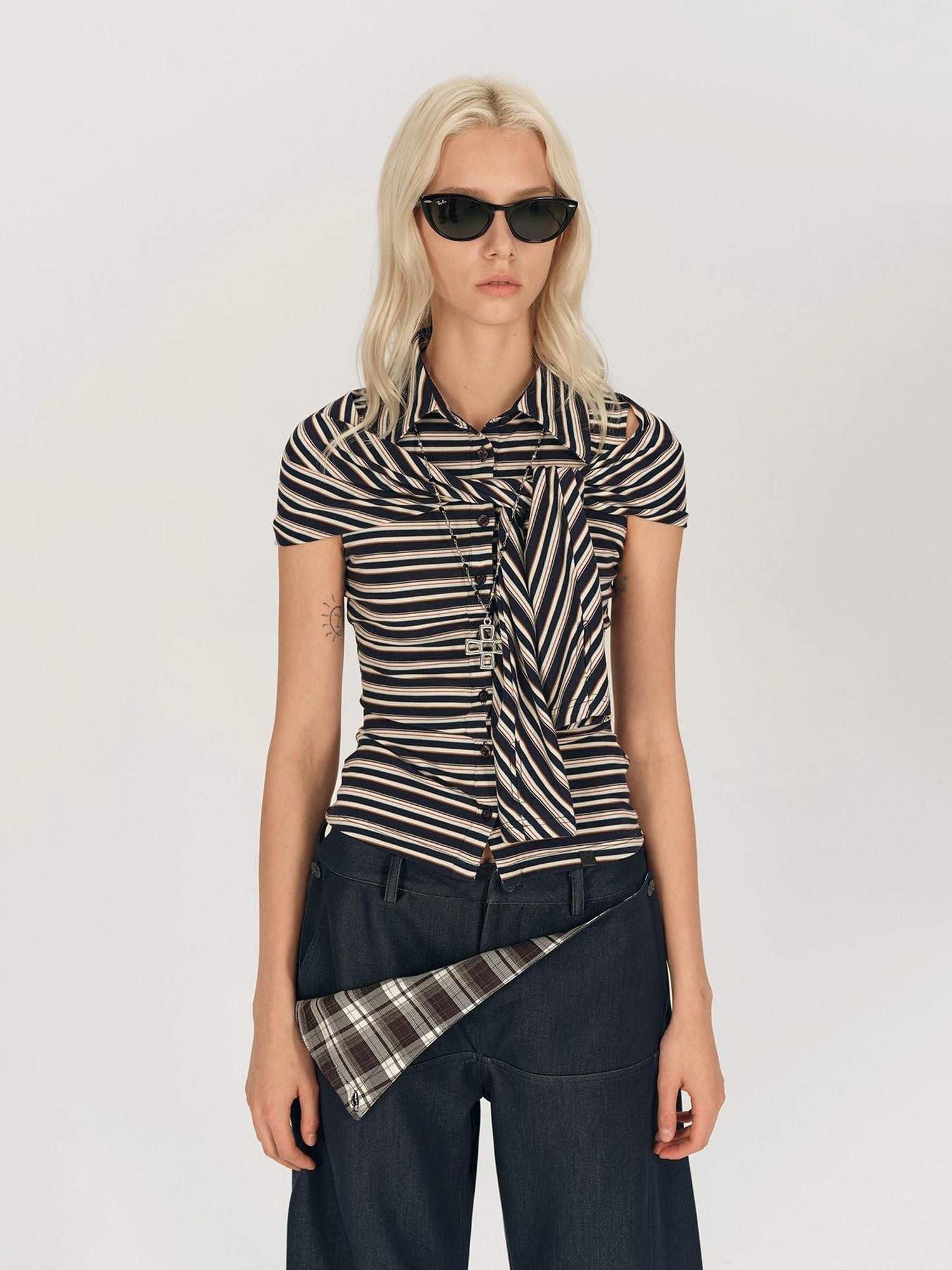 AFTADAWN Striped Tie Two Way Henley Slim Women&