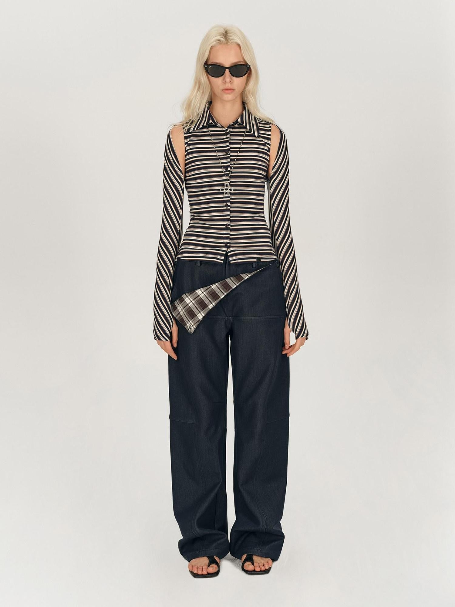 AFTADAWN Striped Tie Two Way Henley Slim Women&
