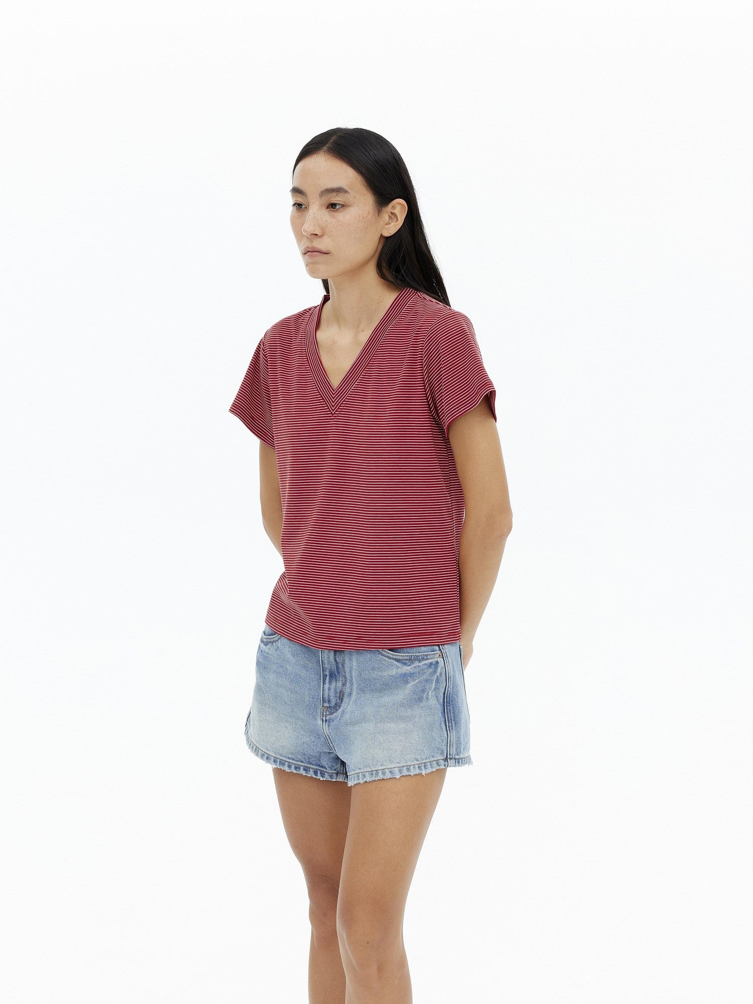 AFTADAWN Striped V-neck Drapey Wrinkle Resistant Women&