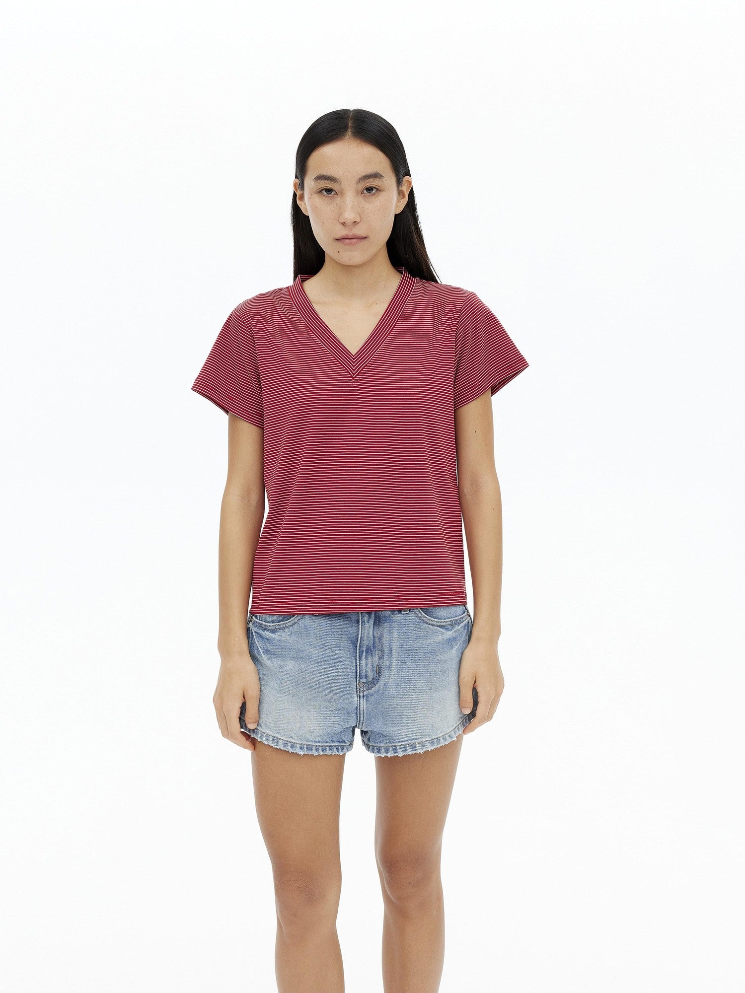 AFTADAWN Striped V-neck Drapey Wrinkle Resistant Women&