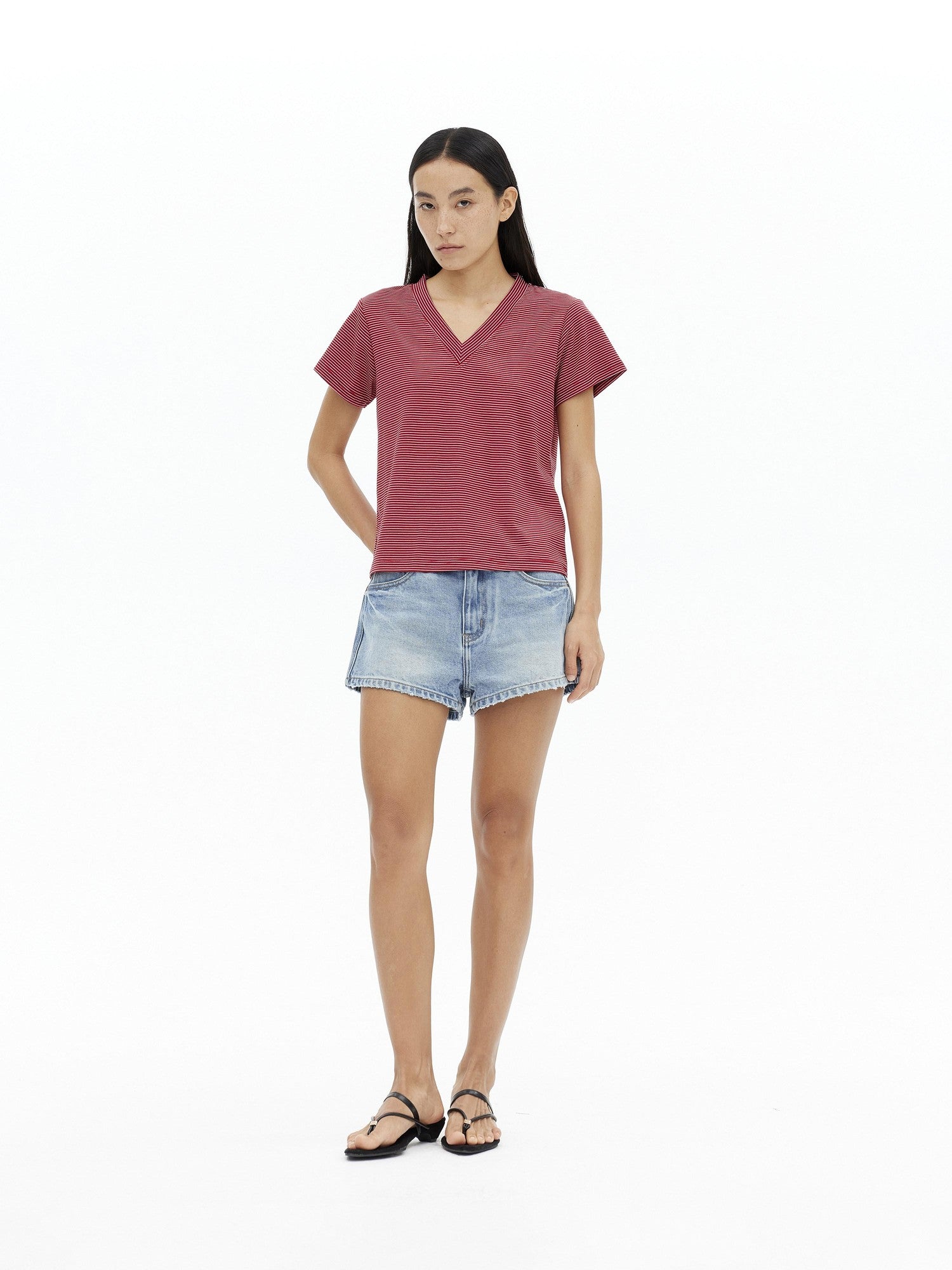 AFTADAWN Striped V-neck Drapey Wrinkle Resistant Women&